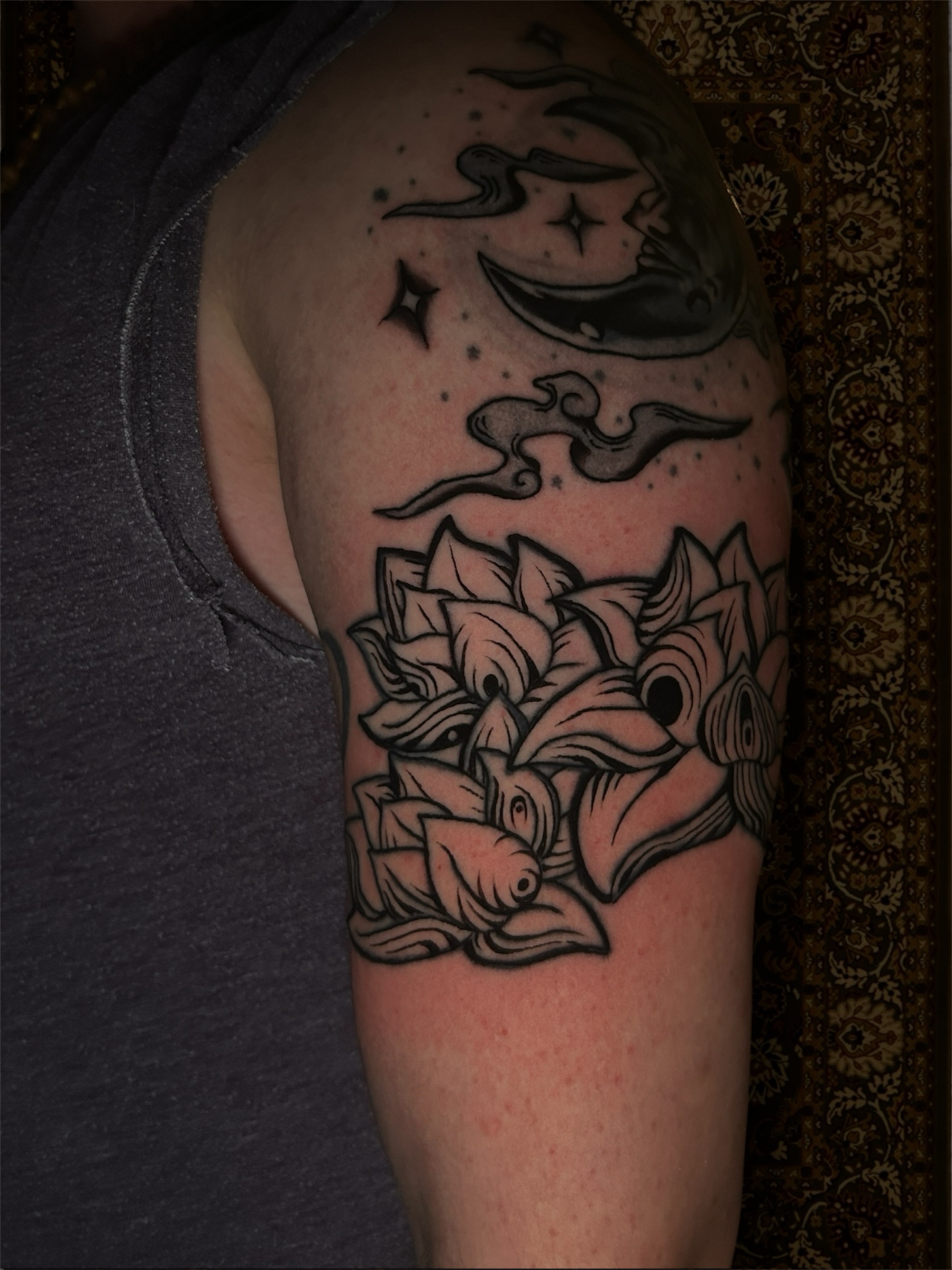 Lotus flowers black and grey tattoo on the forearm by ⁂ 𝕽𝖊𝖆𝖌𝖆𝖓⁂, Texas City, Texas