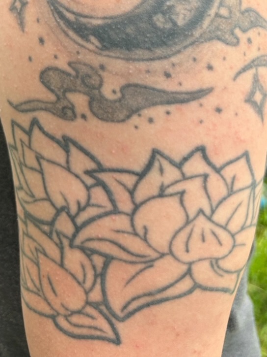 Lotus flowers black and grey tattoo on the forearm by ⁂ 𝕽𝖊𝖆𝖌𝖆𝖓⁂, Texas City, Texas