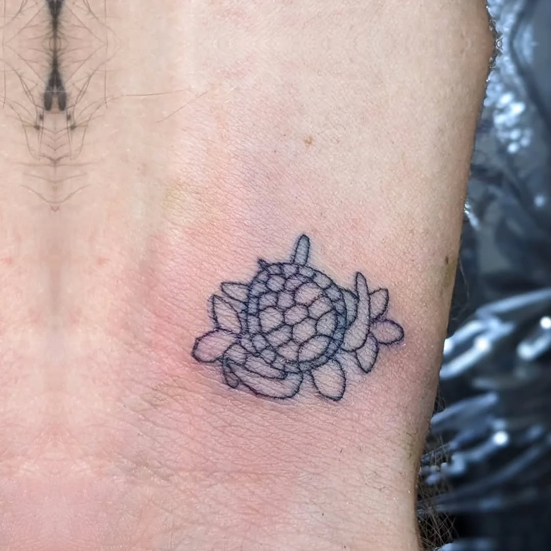 Turtle outline sketch tattoo on the forearm by Katelyn Bartoletti