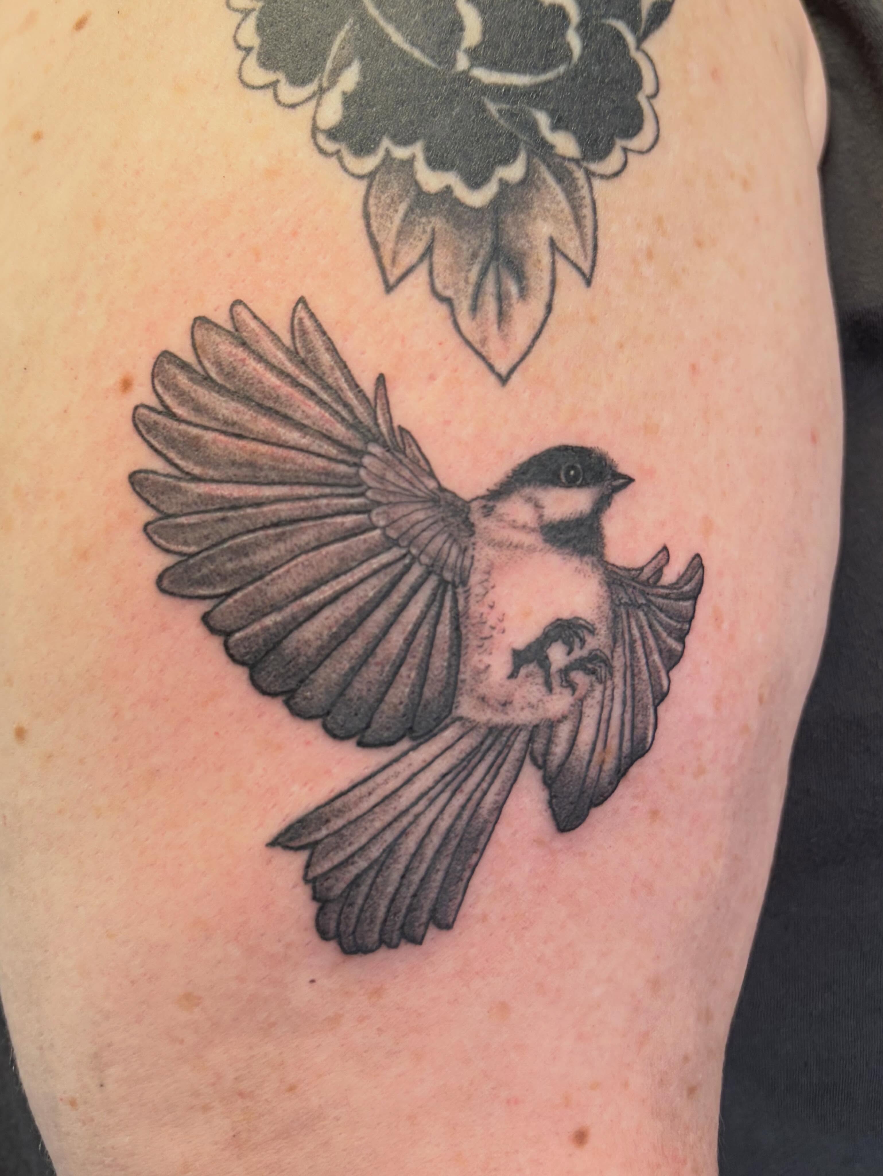 Bird black and grey tattoo on the shoulder by Deni Carolina