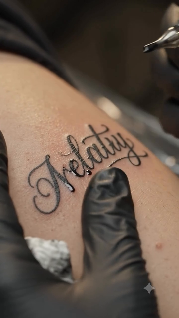 Arelaty script tattoo lettering tattoo on the torso by Tattoos by Dan Hatcher Carr, Parma, Ohio