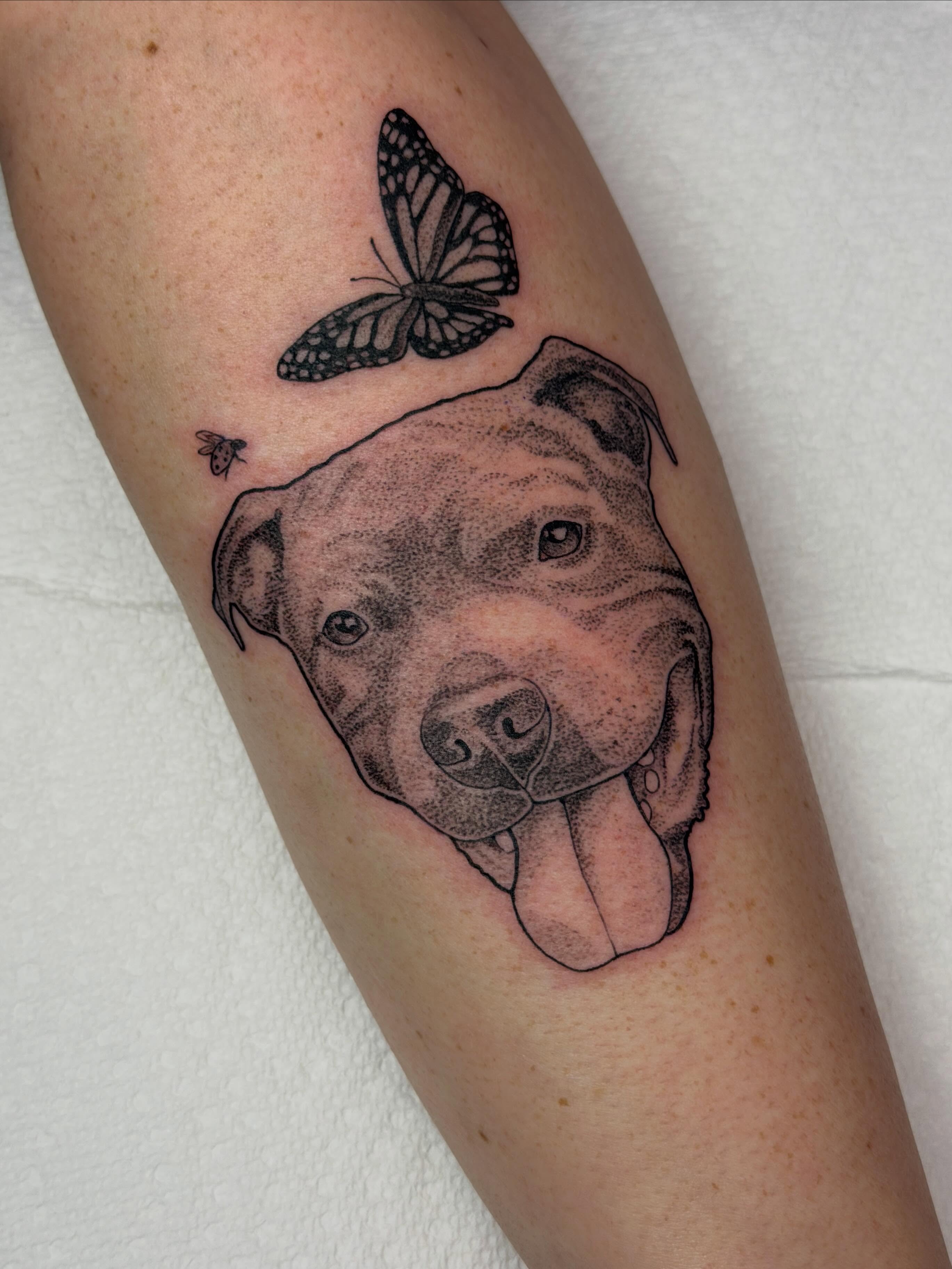 Tattoo by @heretopetdogs — dotwork, realism