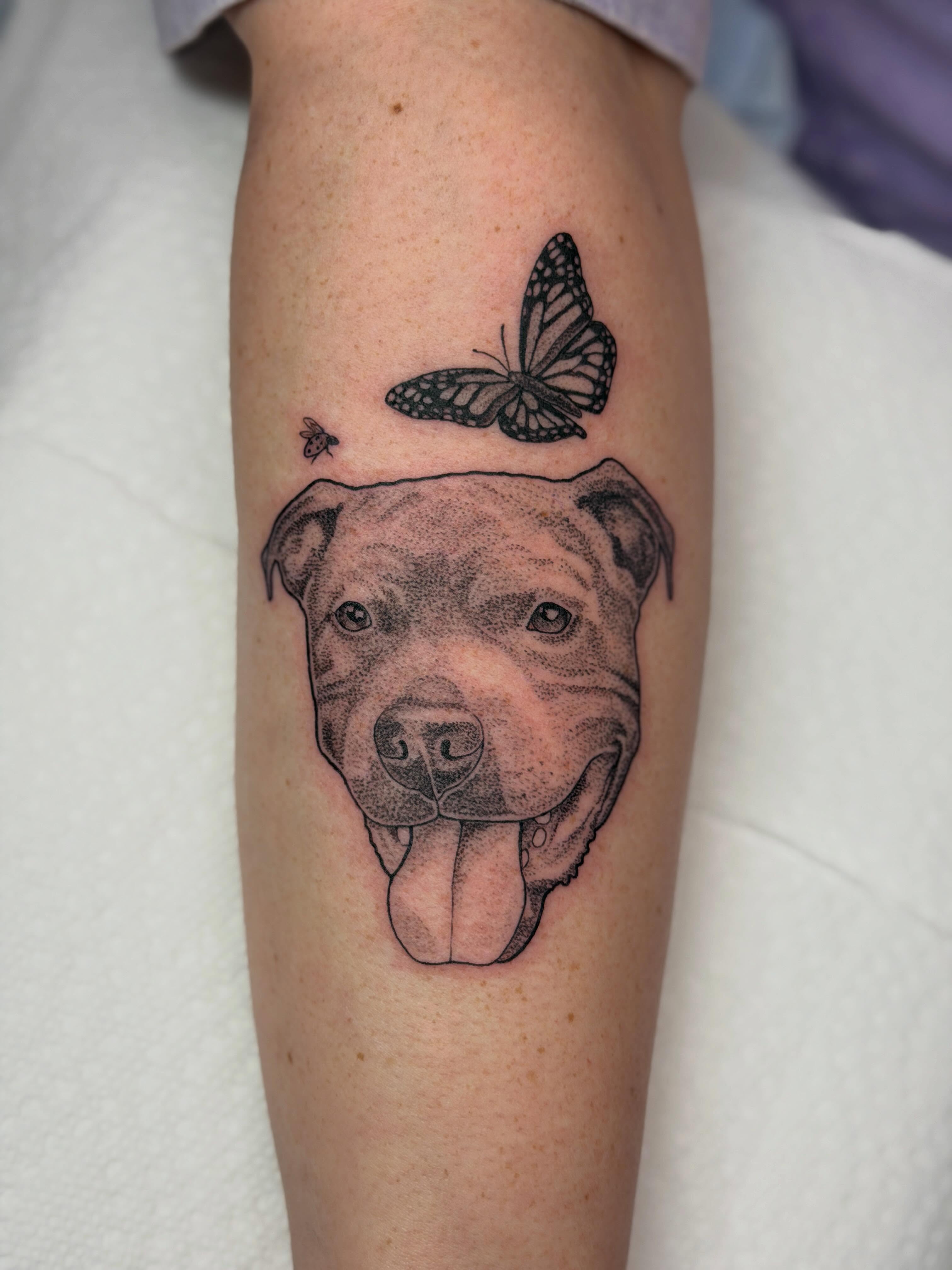 Tattoo by @heretopetdogs — dotwork, realism