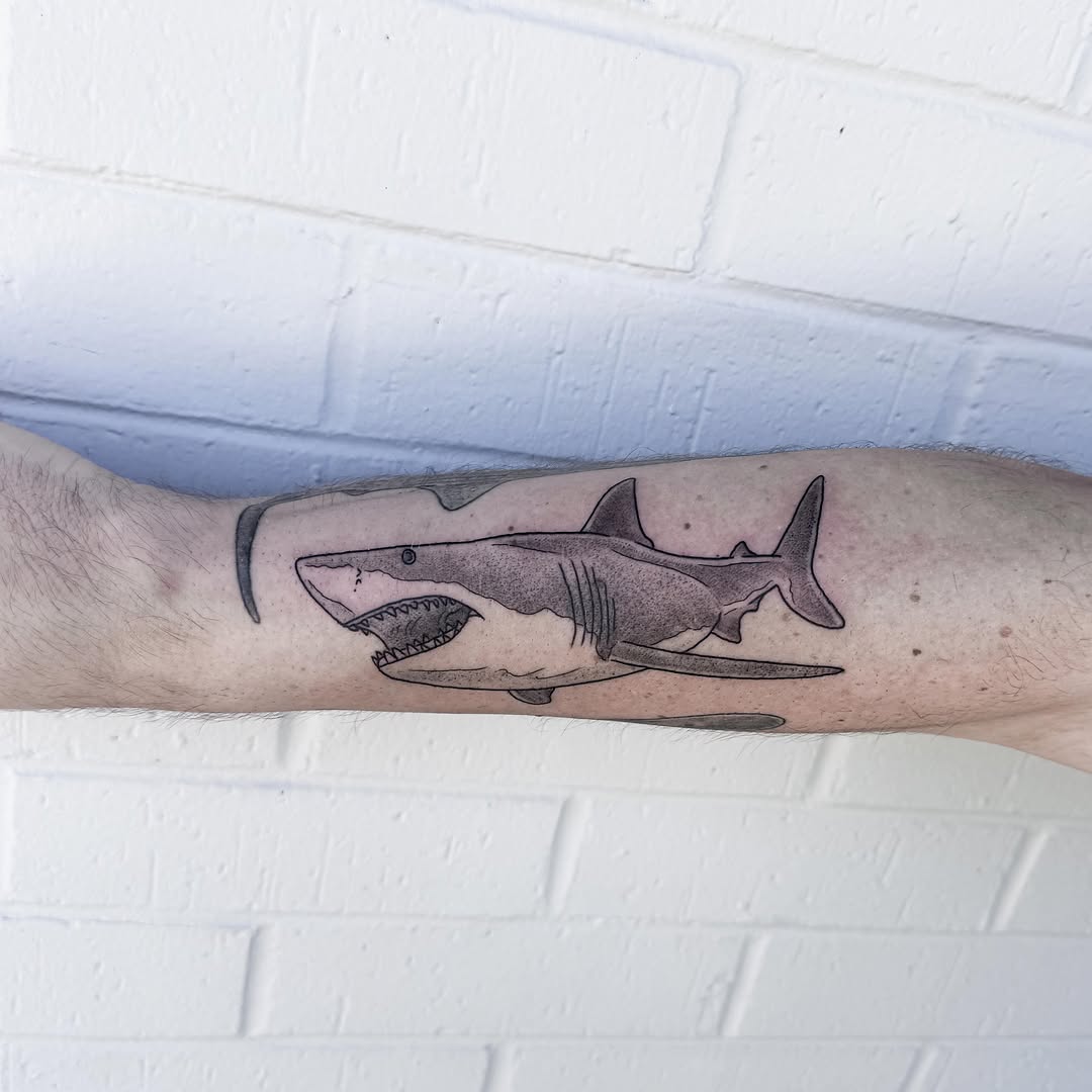 Great white shark realism tattoo on the forearm by Audrey Kacel, Holland, Michigan