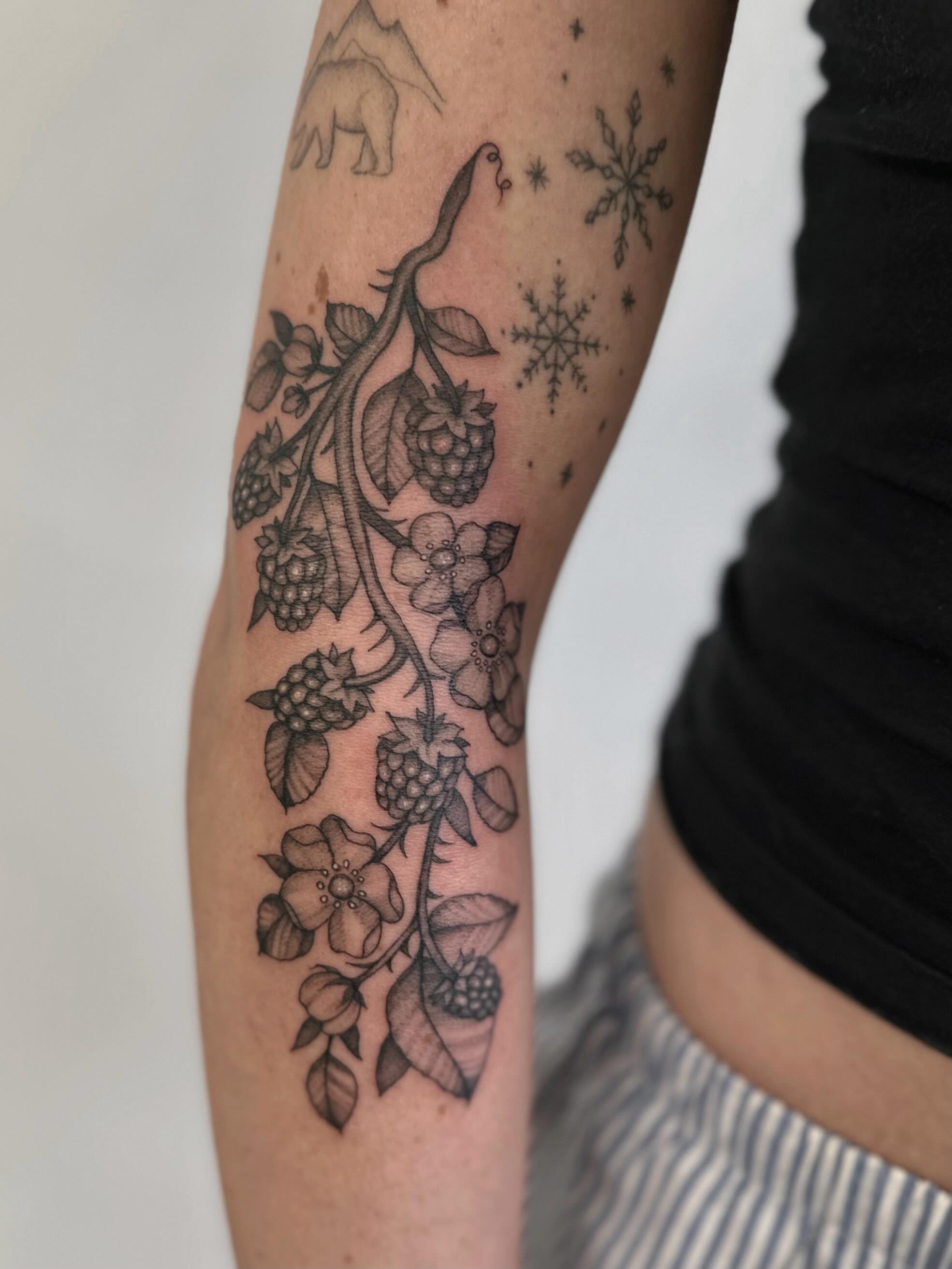 Tattoo by @shroomgrrrl — black_and_grey