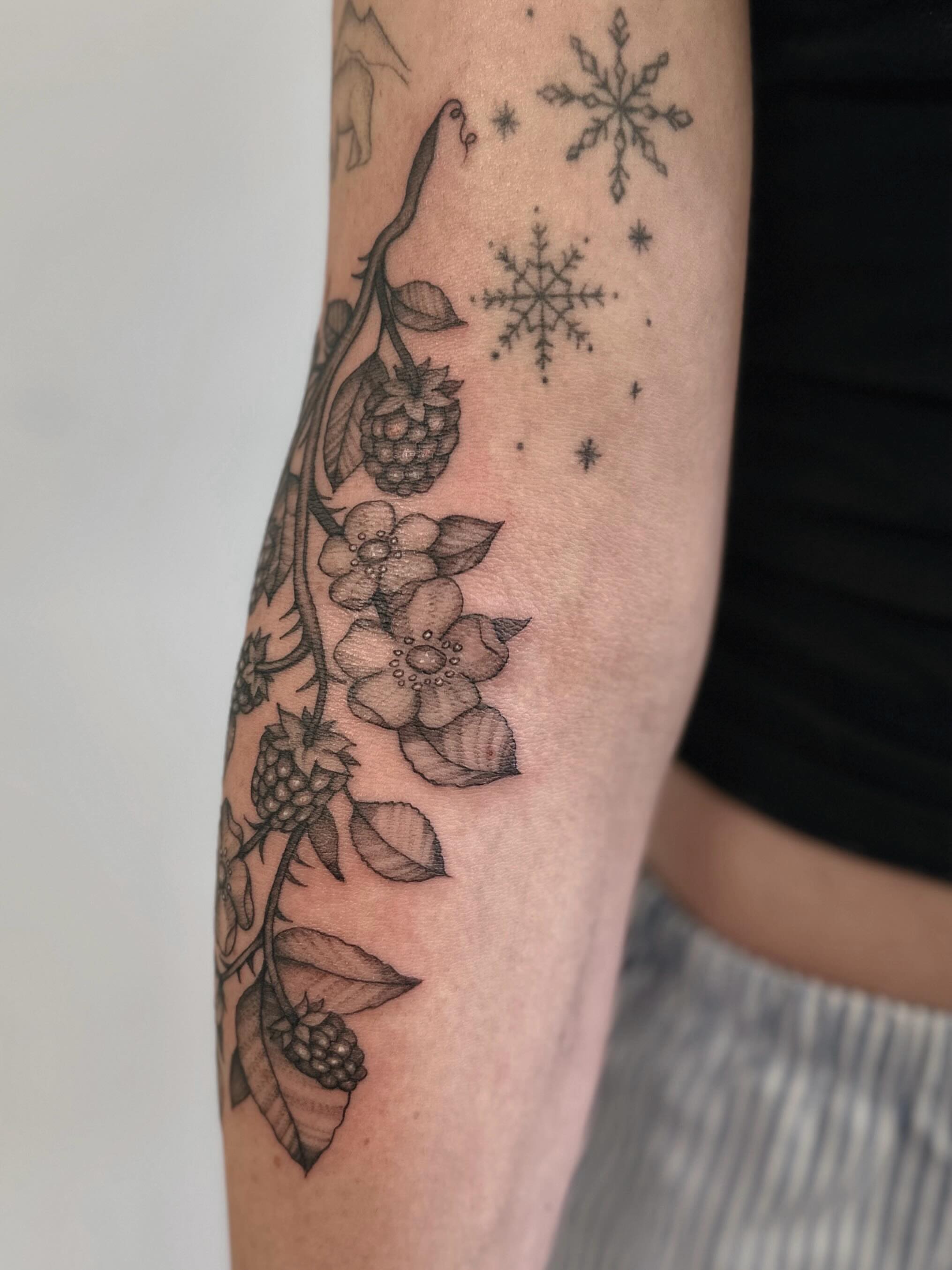 Tattoo by @shroomgrrrl — black_and_grey