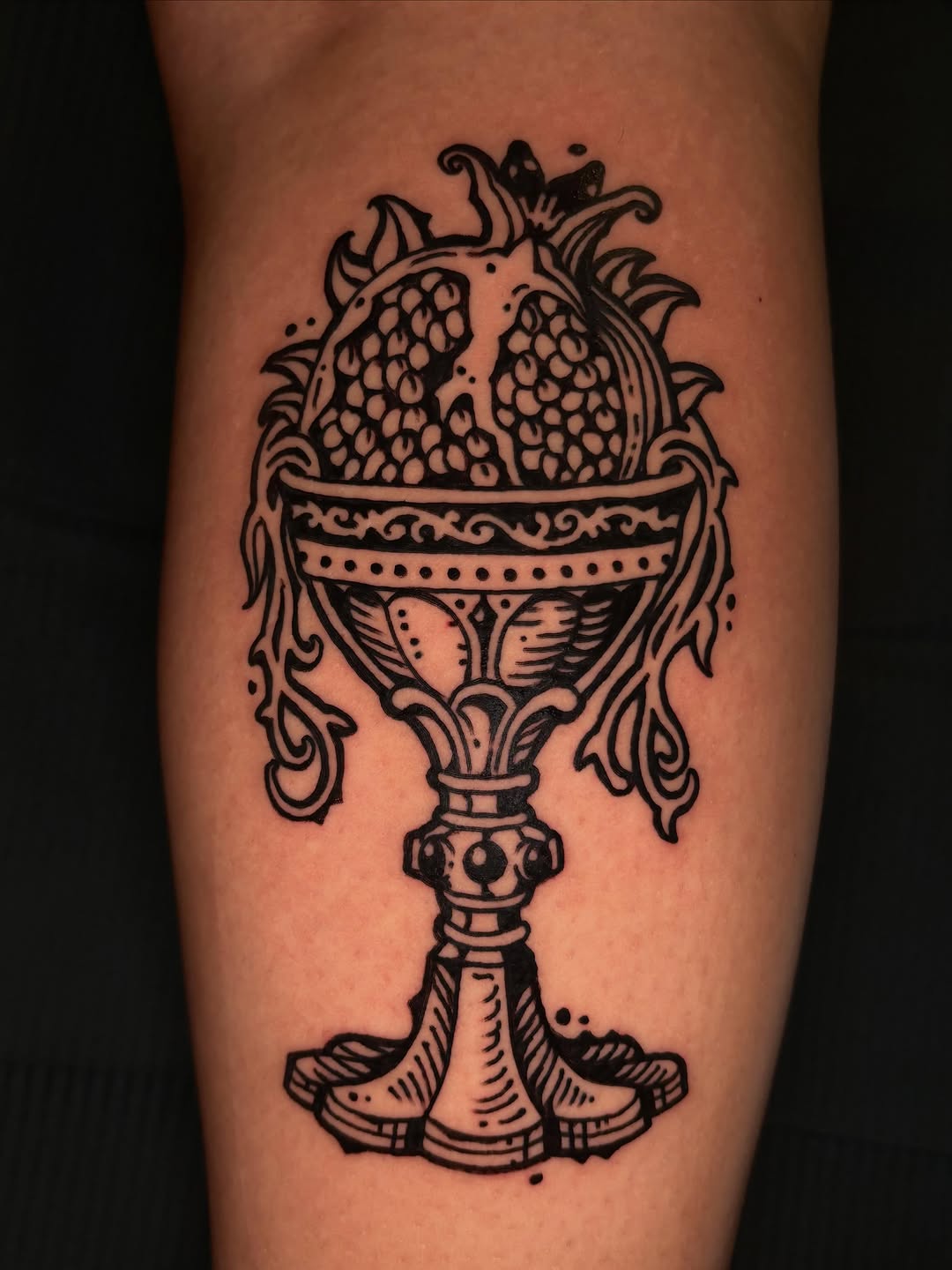 Pomegranate in an ornate chalice dotwork tattoo on the forearm by 𝕵𝖊𝖗𝖊𝖒𝖞 𝕻𝖚𝖗𝖈𝖊𝖑𝖑