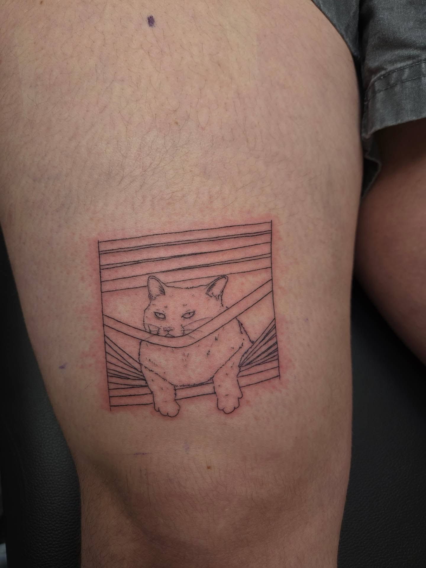 Cat in hammock geometric tattoo on the thigh by Amy Heath