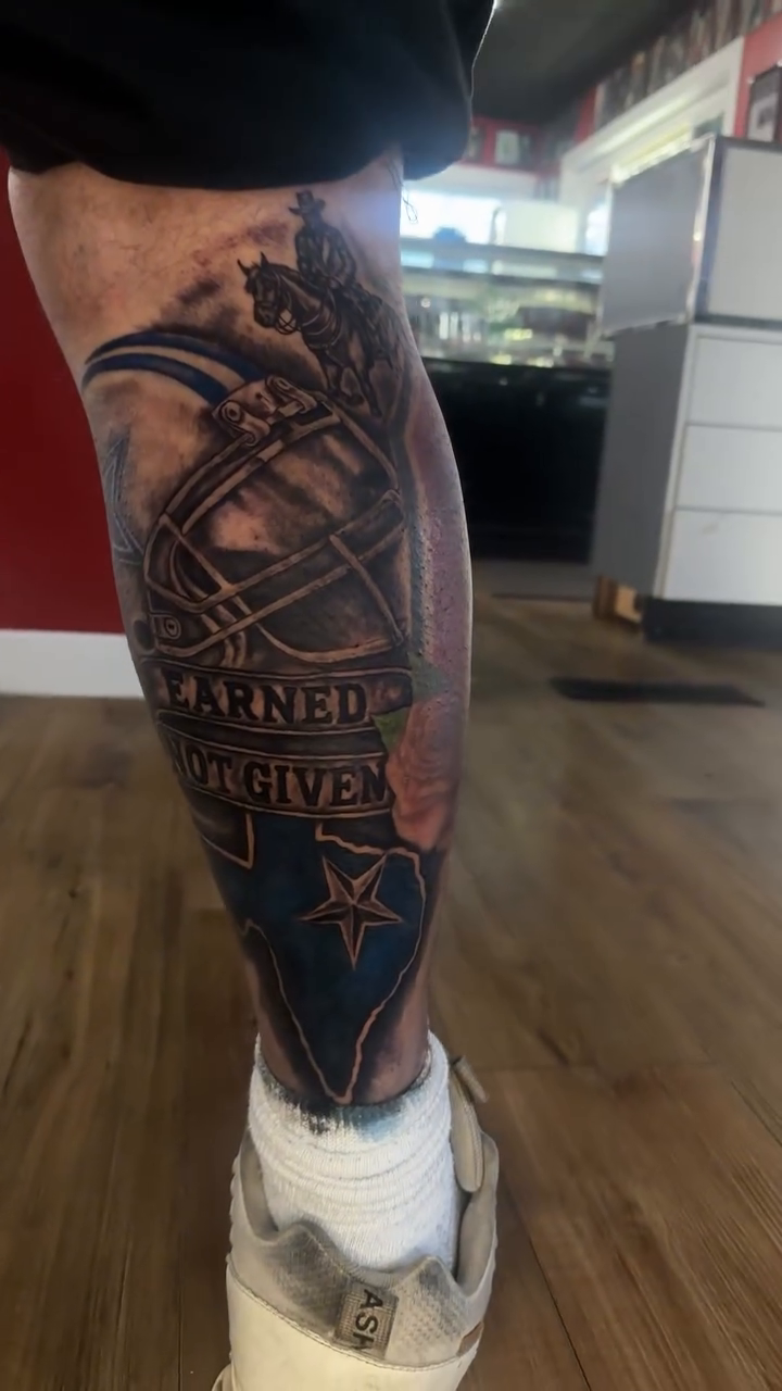 Crown and banner tattoo with stars realism tattoo on the calf by TC 🧚🏽, Columbus, OH
