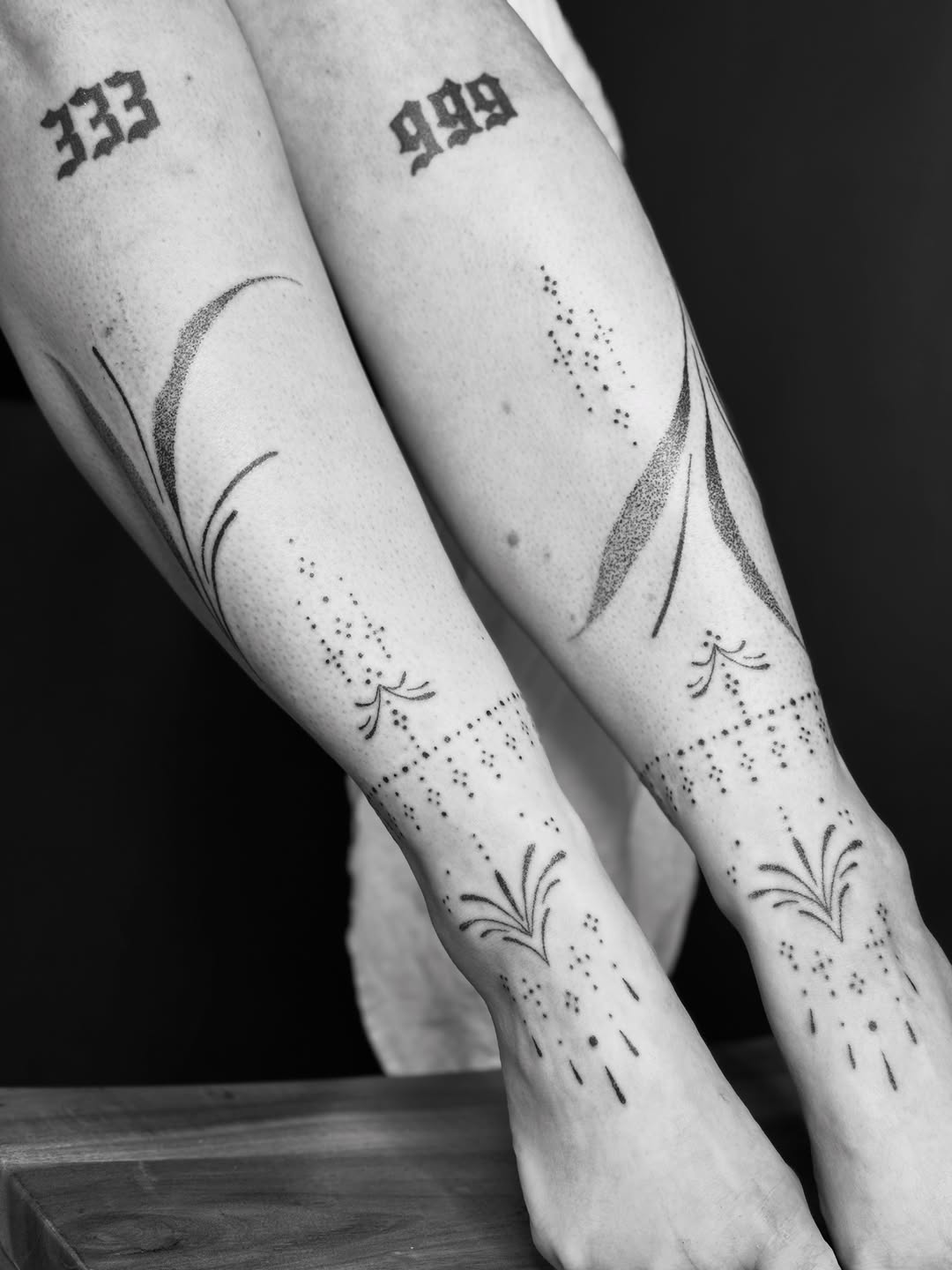 Abstract floral and number tattoos ornamental tattoo on the leg by @ethereal.ornamentalism