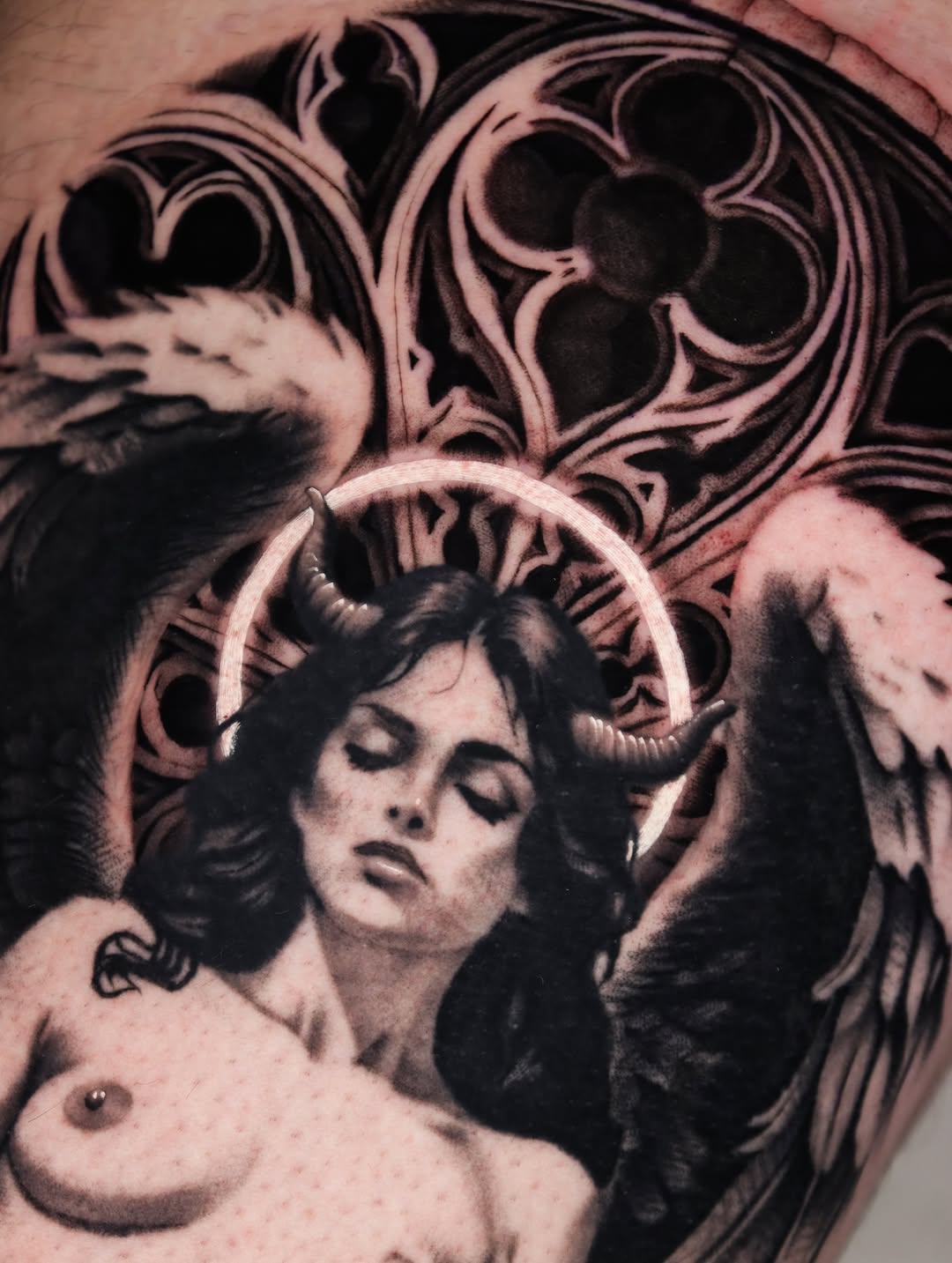 Angelic/demonic figure with gothic architecture realism tattoo on the chest by Jeff Reindel