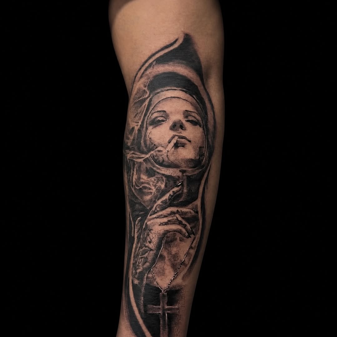 Nun smoking cigarette with cross necklace Chicano tattoo on the forearm by C.J. Rued