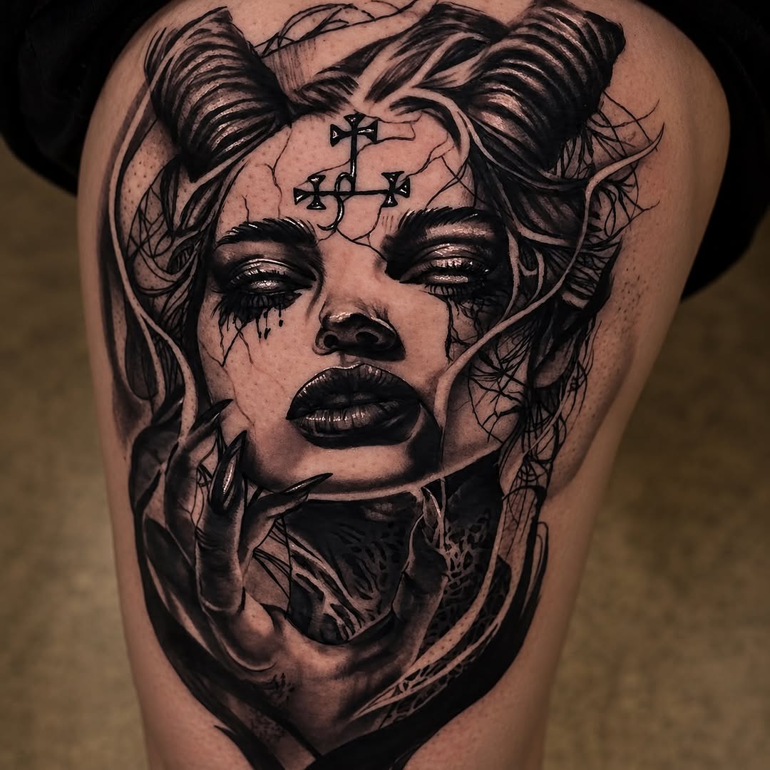 Demonic woman portrait realism tattoo on the thigh by C.J. Rued