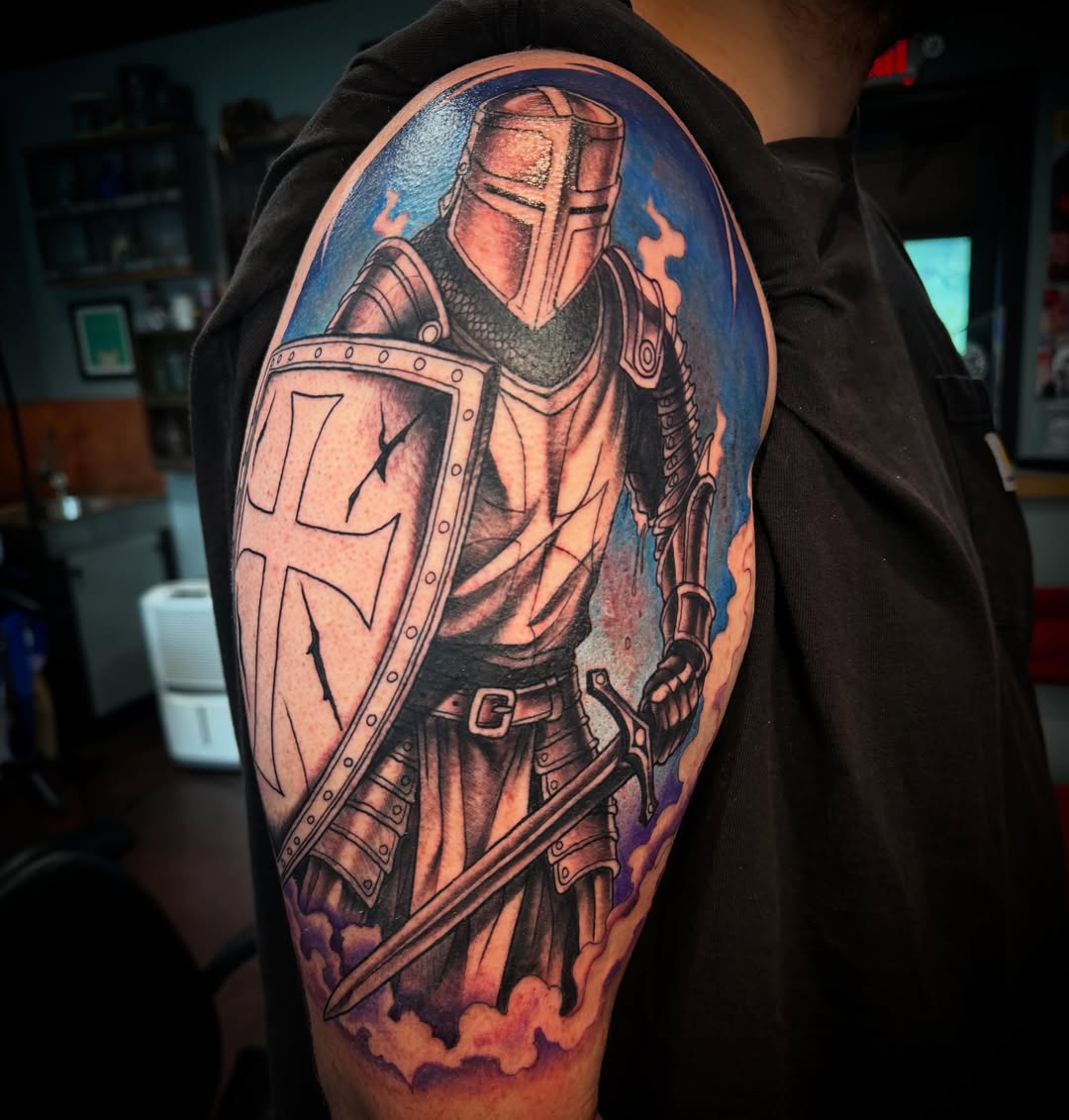Medieval knight realism tattoo on the shoulder by Cory Haberman