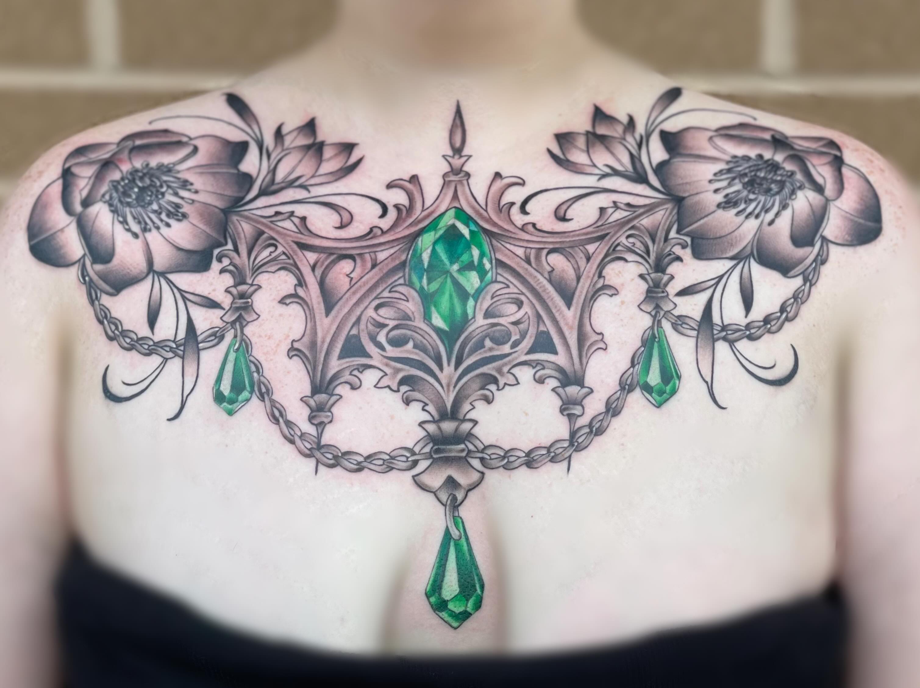 Emerald necklace ornamental tattoo on the chest by ๐ณ๐๐๐๐ข ๐ต๐๐๐๐๐๐