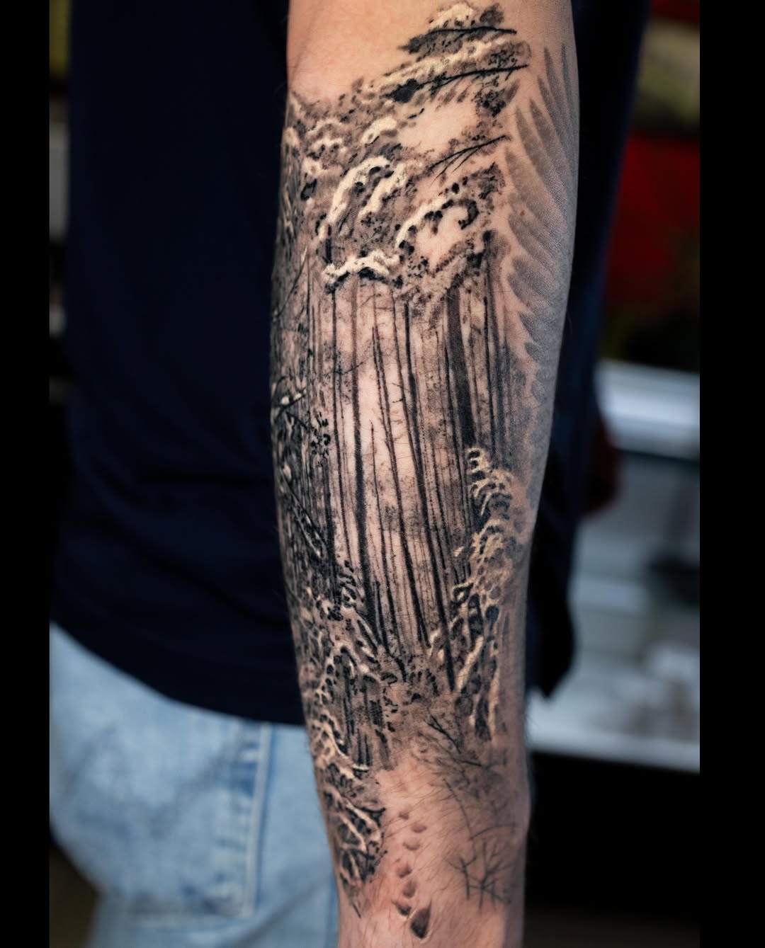 Winter forest scene dark art tattoo on the forearm by Realistic tattoos in Minneapolis, MN, Minneapolis, Minnesota