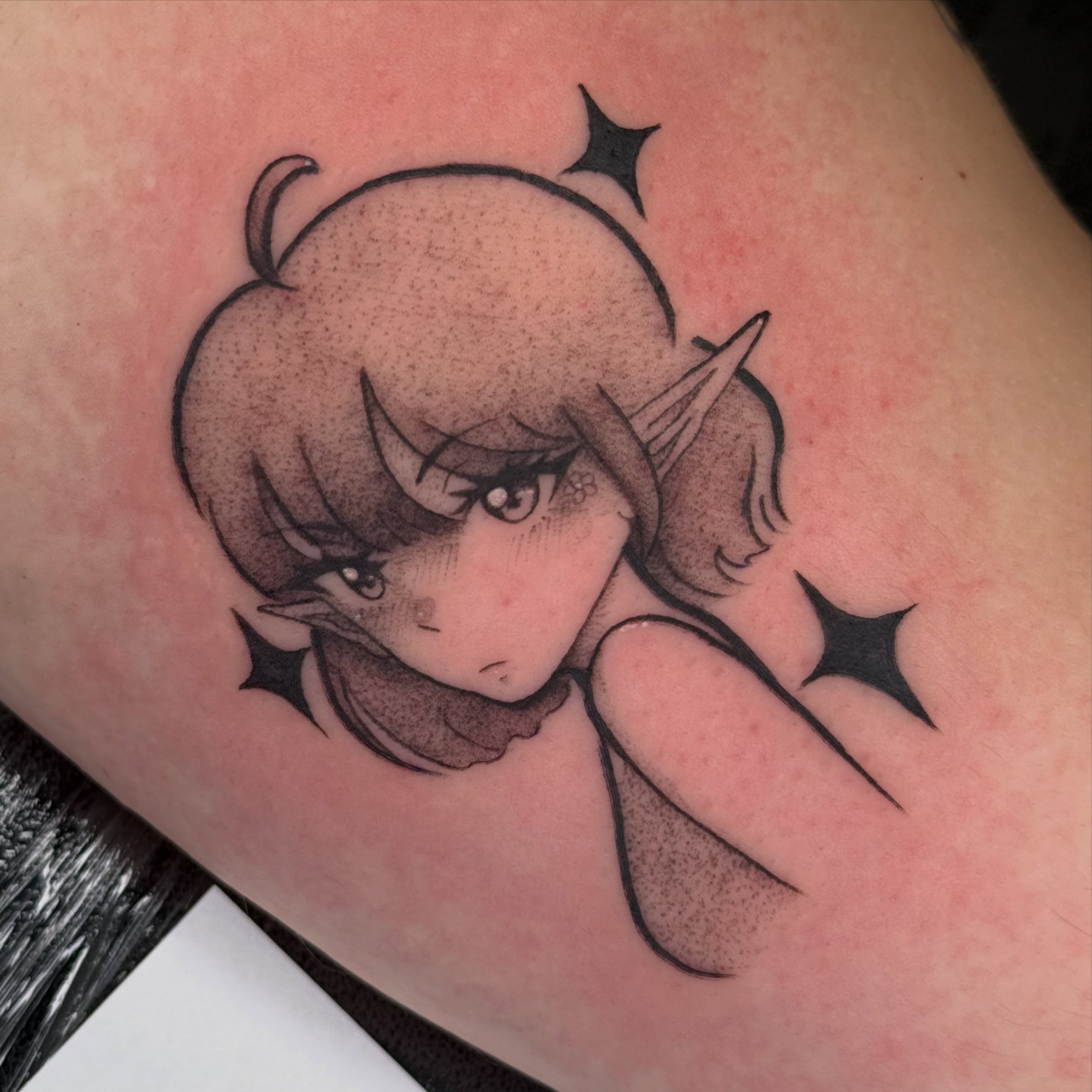 Elf girl dotwork tattoo on the forearm by Anime Tattoos