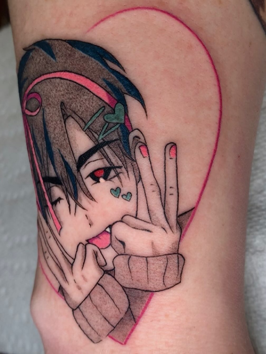 Anime character anime tattoo on the forearm by Maddie Rees