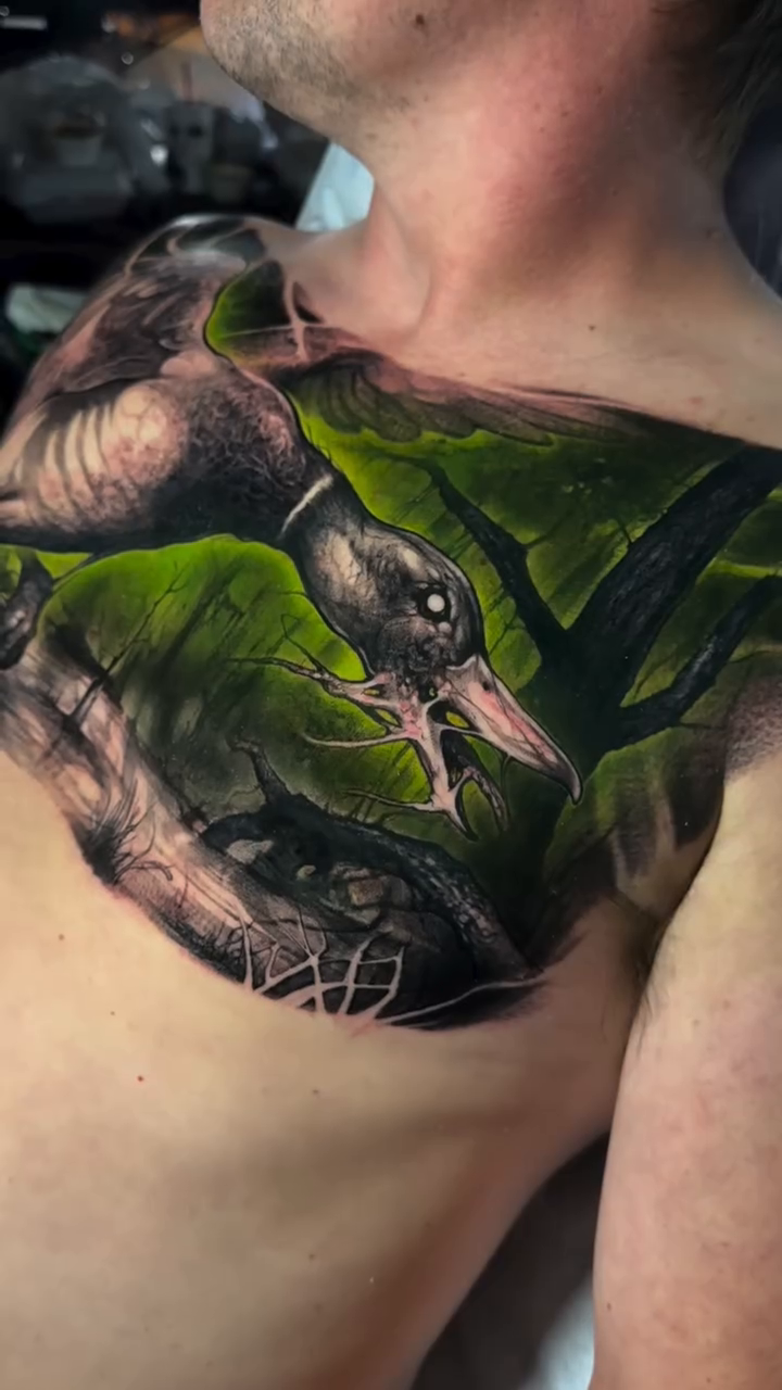 Ducks in a lush green environment sketch tattoo on the chest by Brandon Herrera