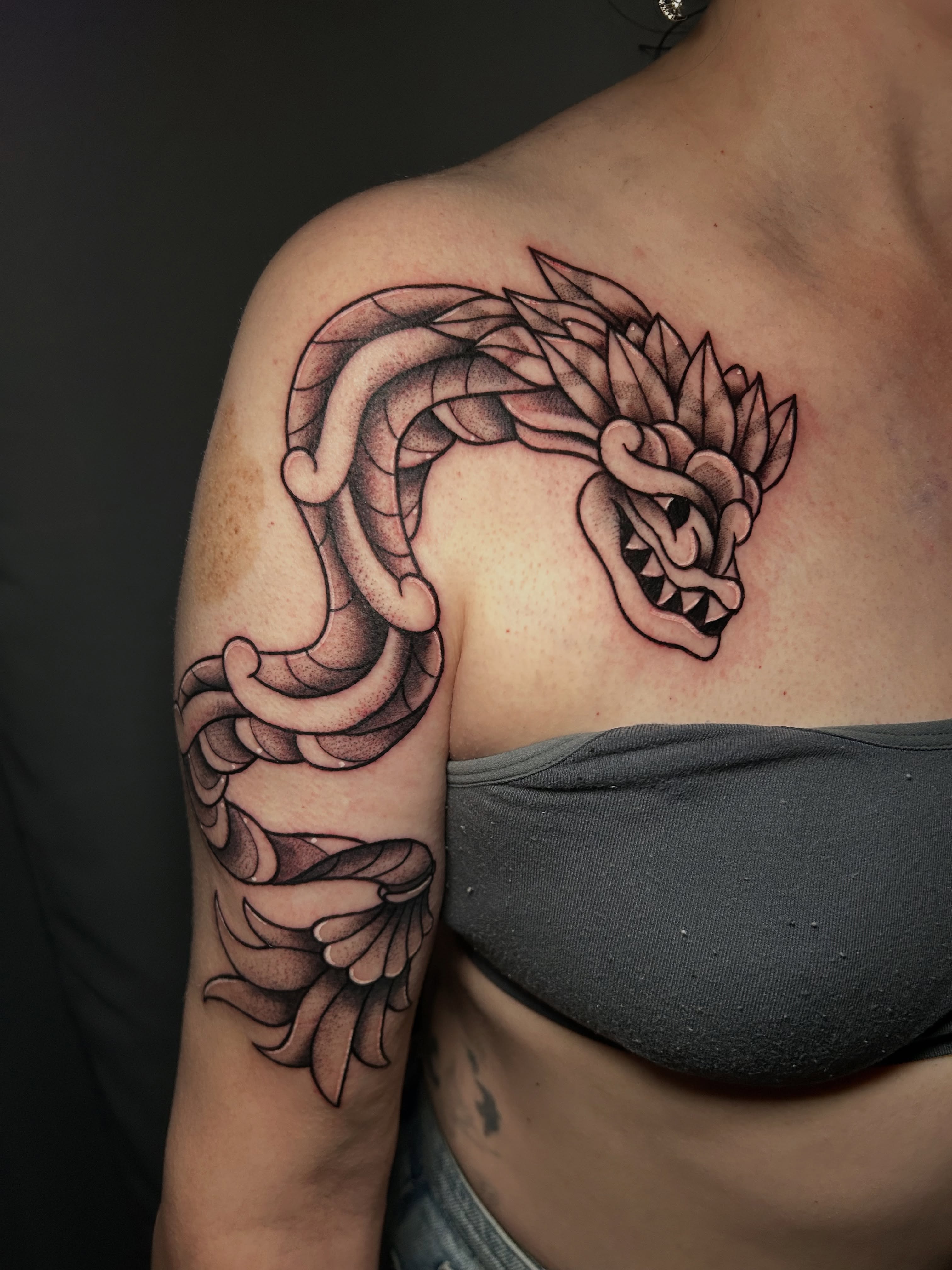 Dragon black and grey tattoo on the shoulder by Cat ツ