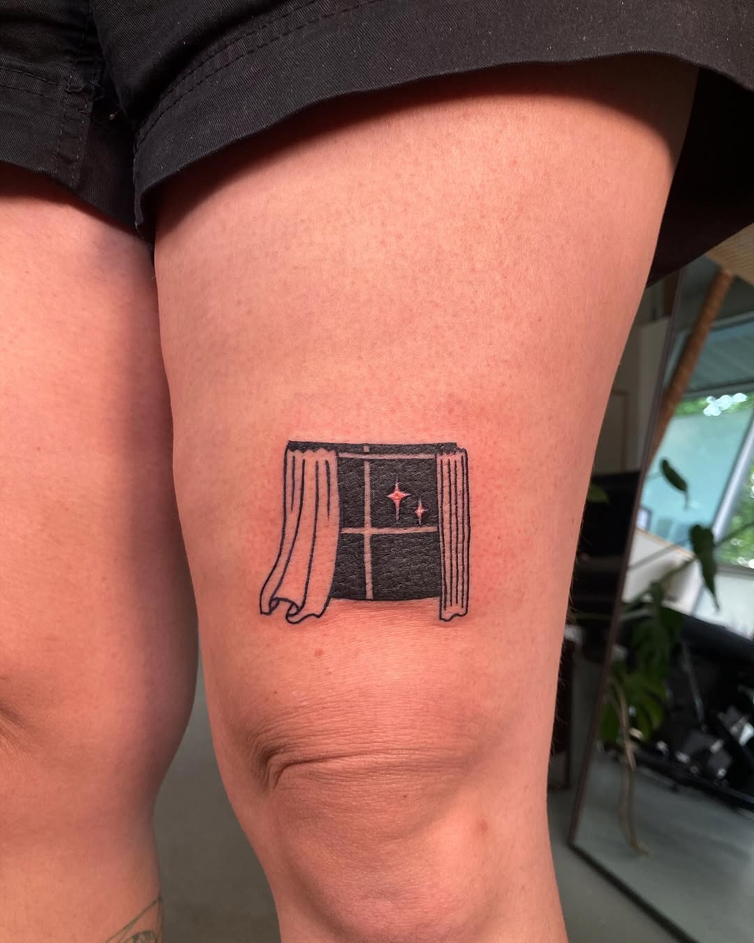 Window with curtains and stars minimalist tattoo on the thigh by james <3