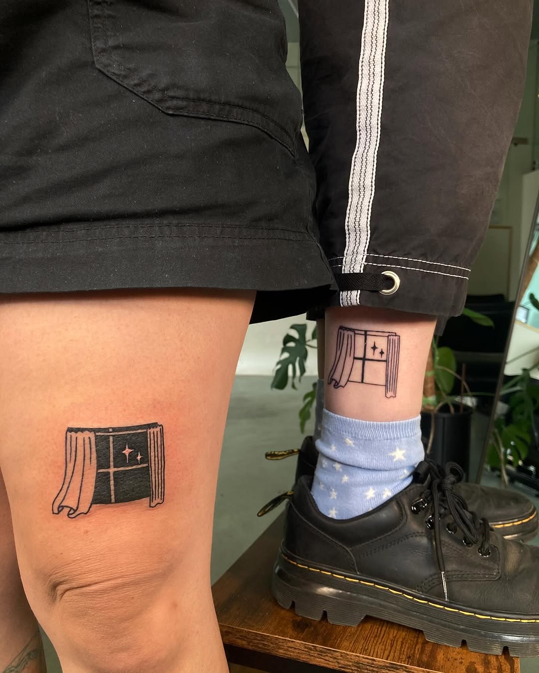 Window with curtains and stars minimalist tattoo on the thigh by james <3