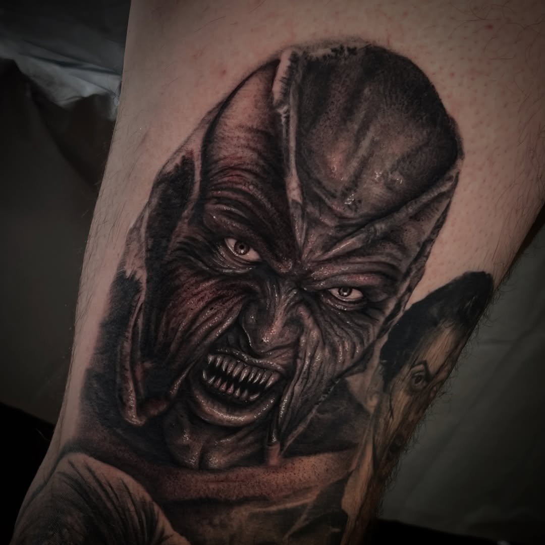 Scary monster face realism tattoo on the forearm by Elaine Nerowski ☾