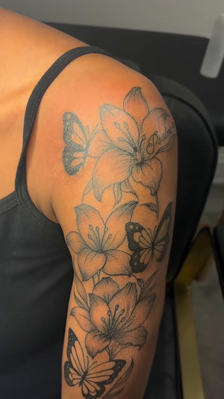 Floral sleeve with butterflies fine line tattoo on the forearm by ɪɪɴᴋᴇᴅʙʏʀᴇɴɴ🐉