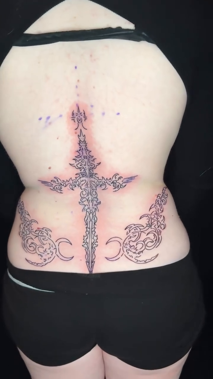 Sword and moon tattoo on back cyber sigilism tattoo on the back by Seattle Cybersigilism Tattoo Horror