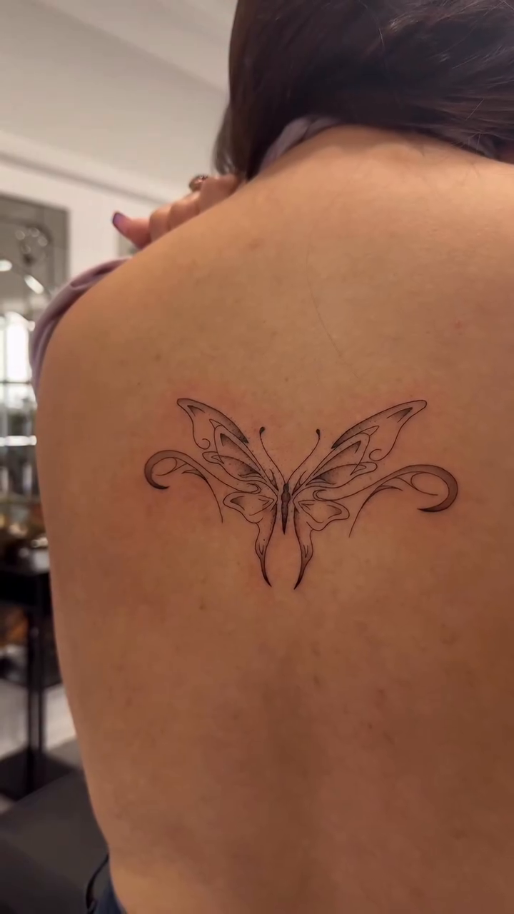 Butterfly tattoo fine line tattoo on the forearm by Jennifer Garcia R - Vegas tattoo artist