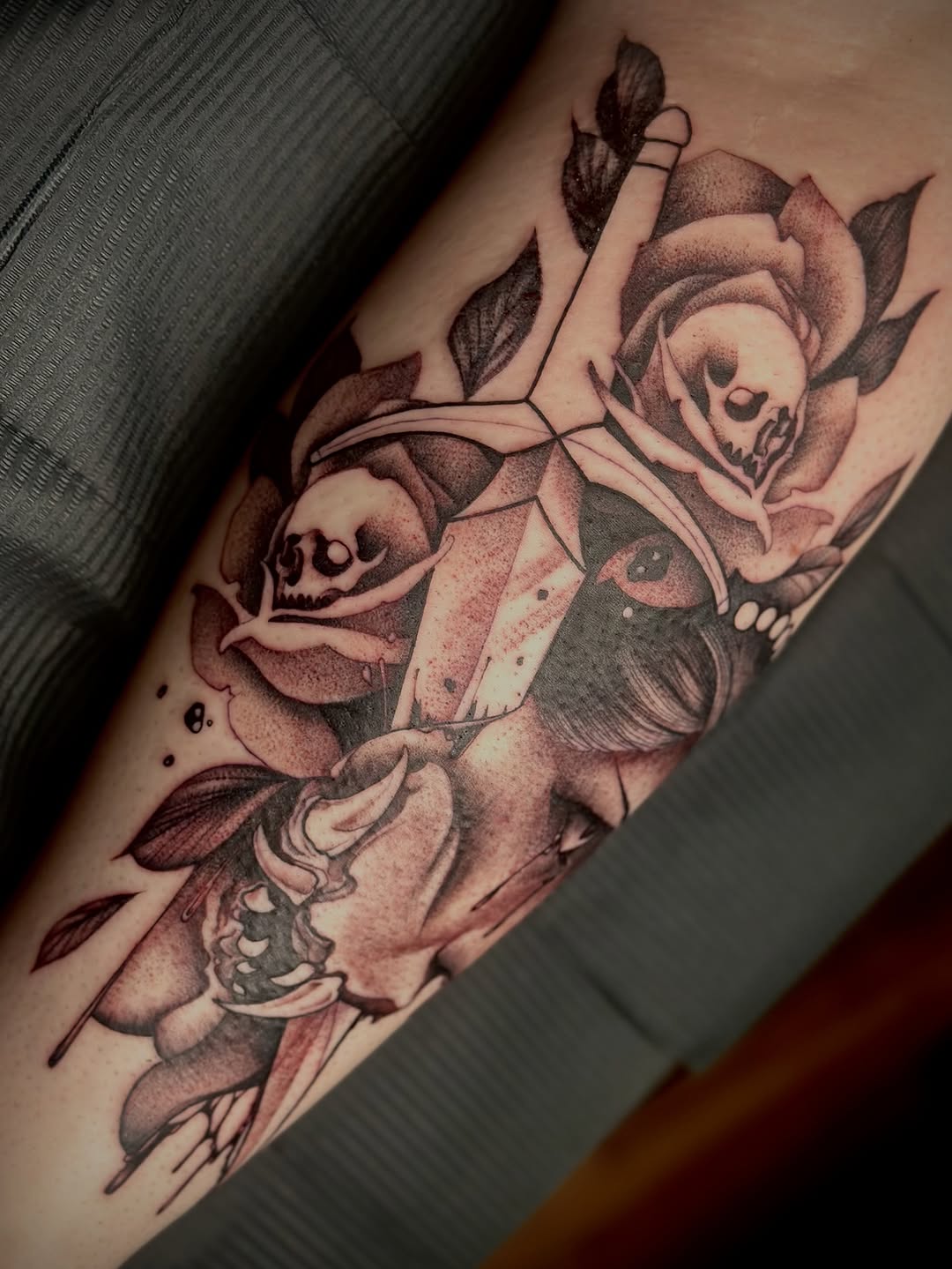 Tattoo by @felizestrella_tattoo — dark_realism, black_and_grey