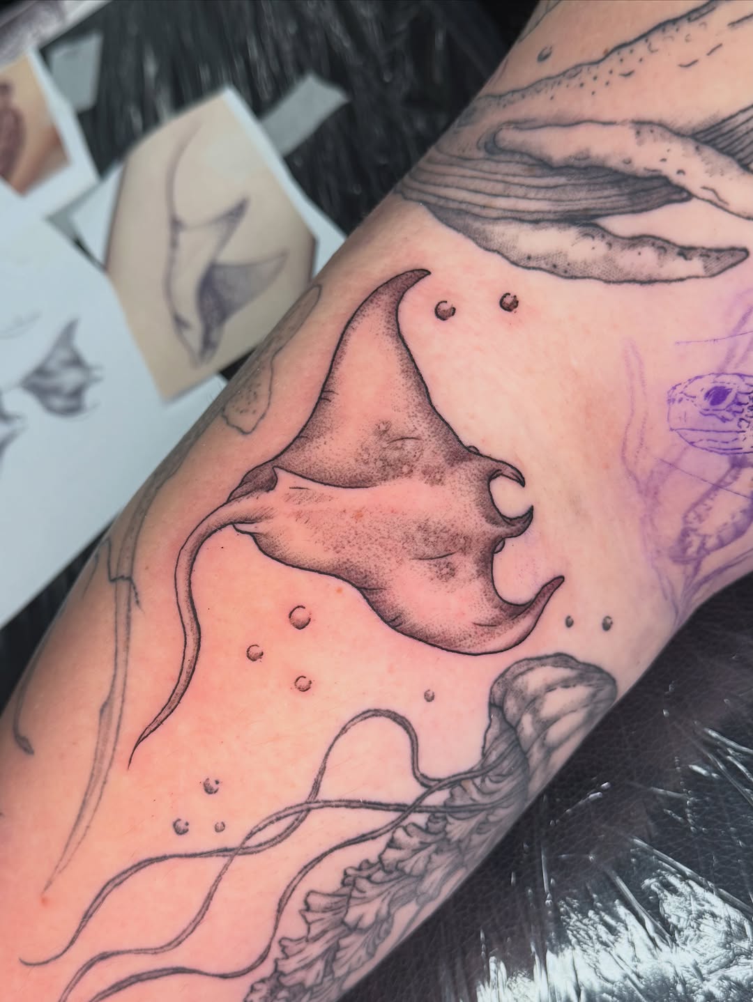 Manta ray and jellyfish fine line tattoo on the forearm by Tyla Pistak, Seattle, Washington