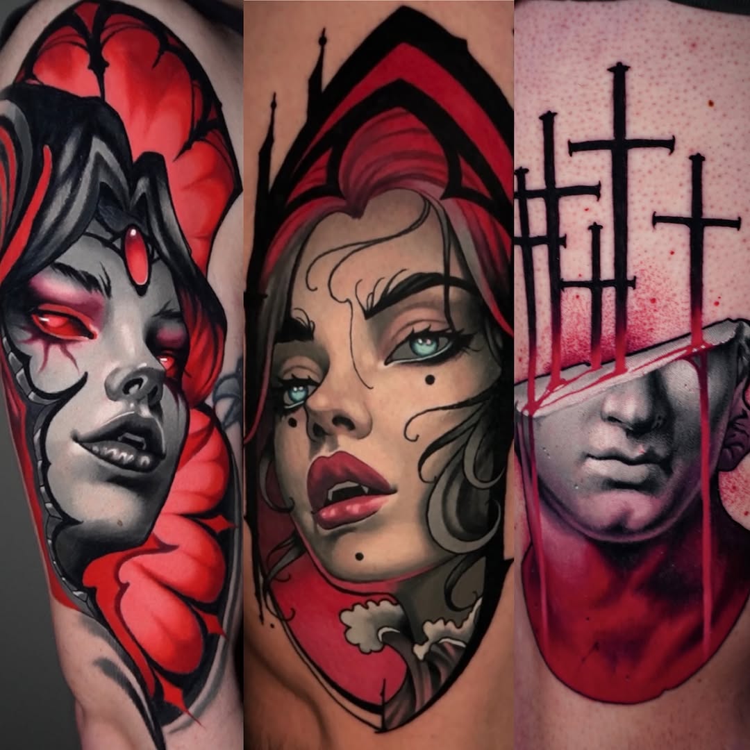 Gothic portrait and broken statue neo-traditional tattoo on the chest by Andrey