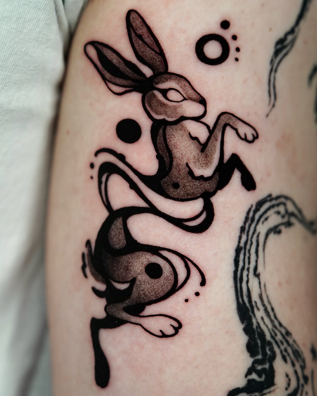 Stylized rabbit with dots fine line tattoo on the forearm by ▫️◽️◻️hunter Hayes◻️◽️▫️
