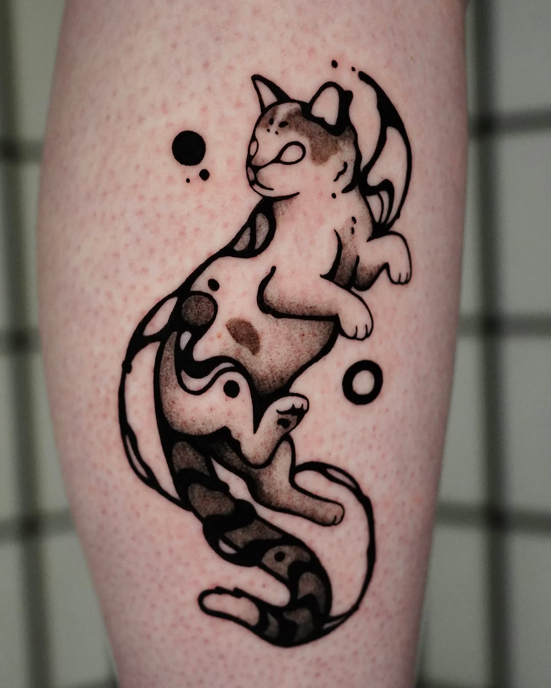 Cat with abstract elements dotwork tattoo on the forearm by ▫️◽️◻️hunter Hayes◻️◽️▫️
