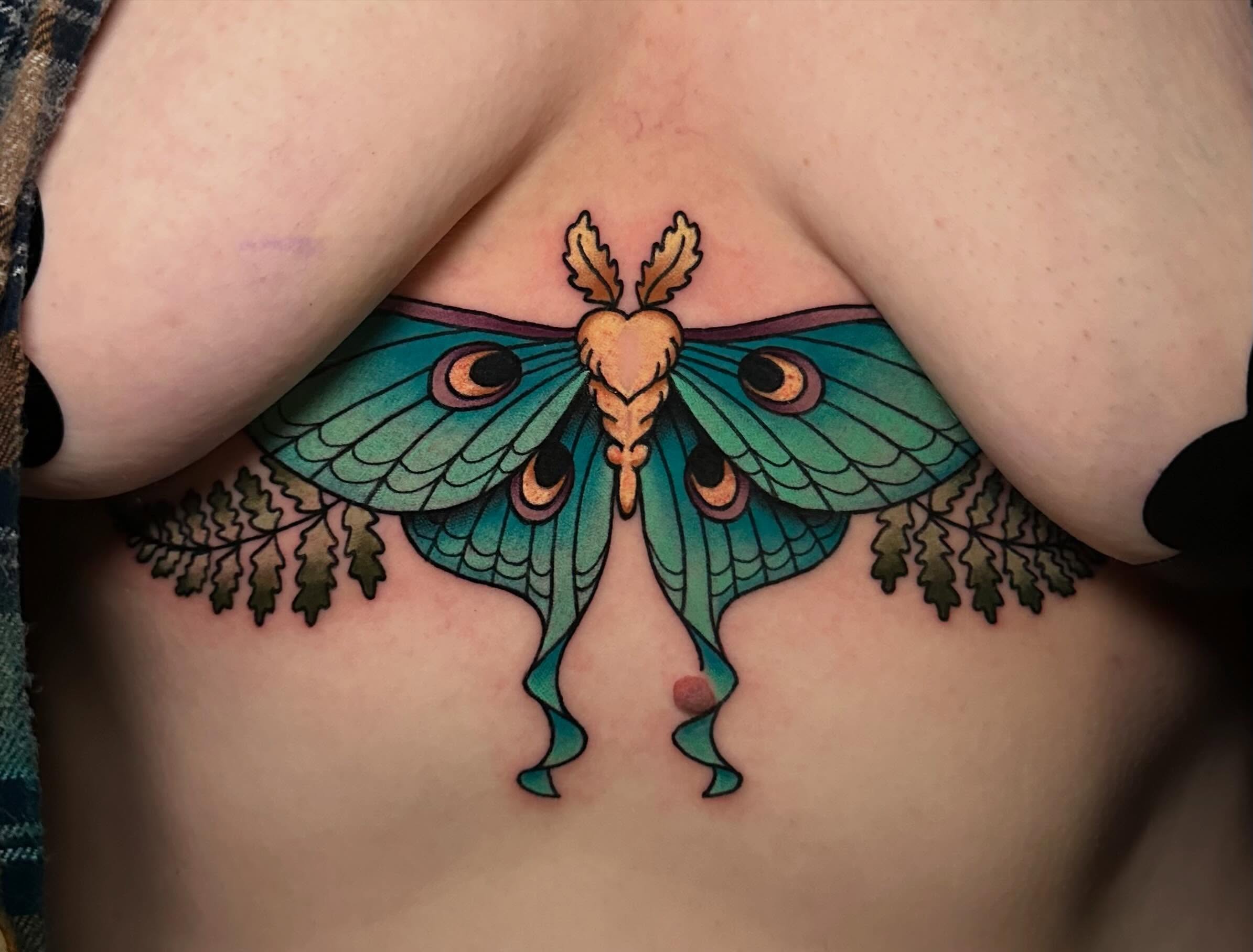 Moth illustrative tattoo on the chest by 🌿 Vicky Stoner 🌿