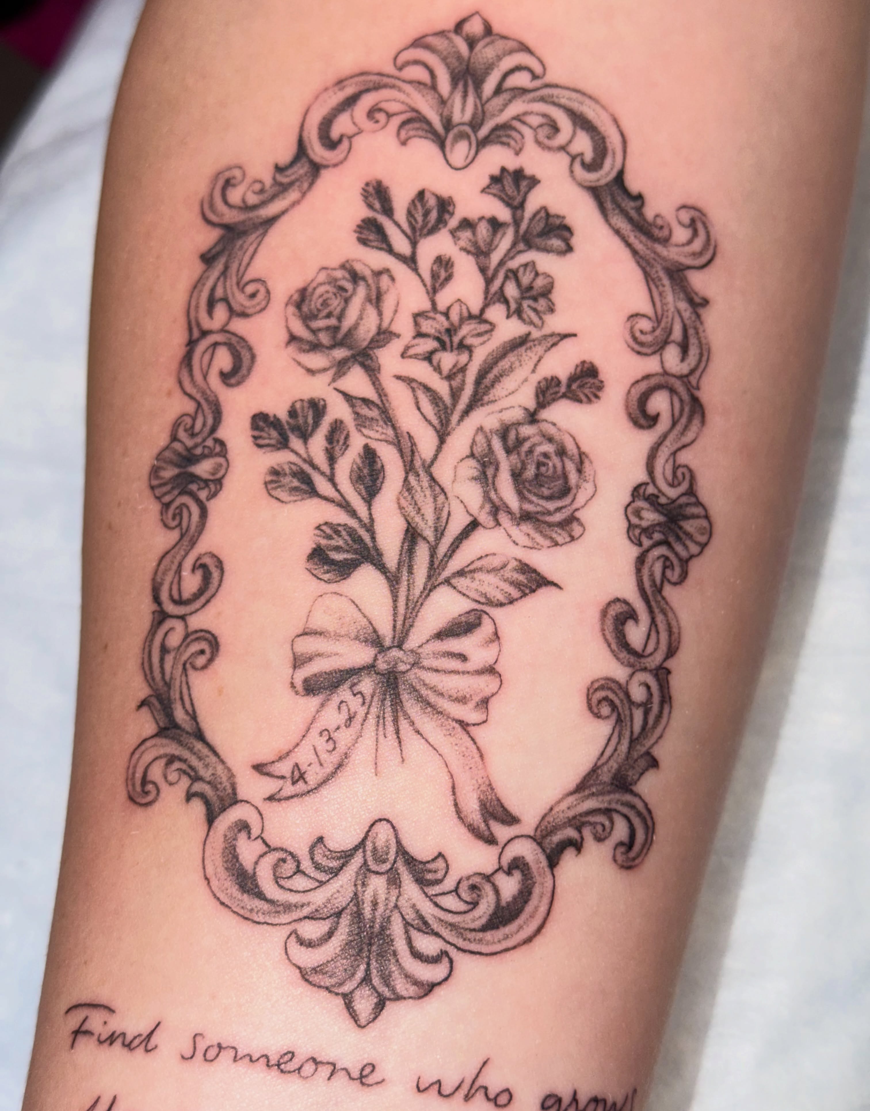 Floral bouquet ornamental tattoo on the forearm by Caitlynn Austin