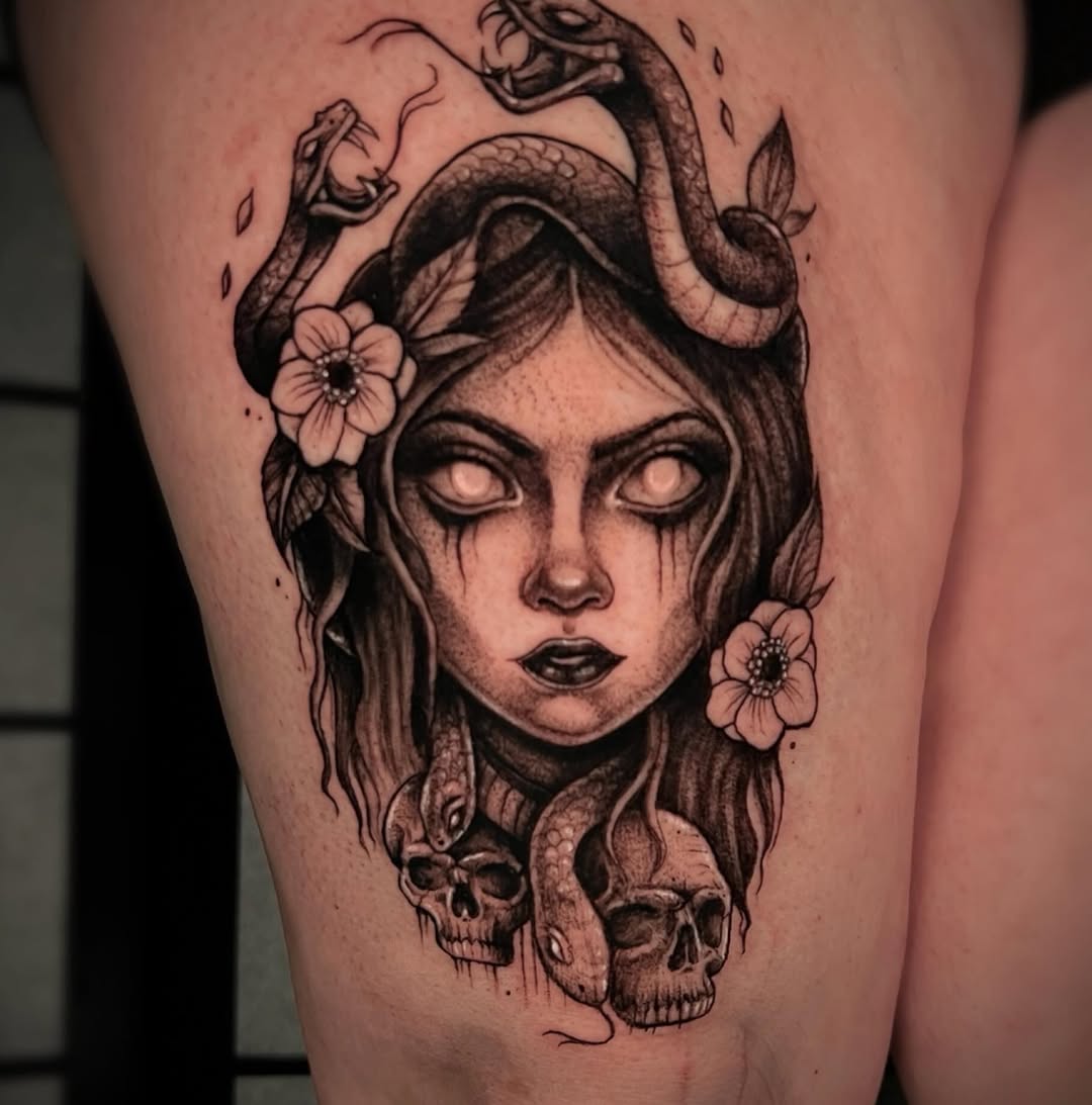 Tattoo by @leawhite_tattoos — dark_realism, black_and_grey