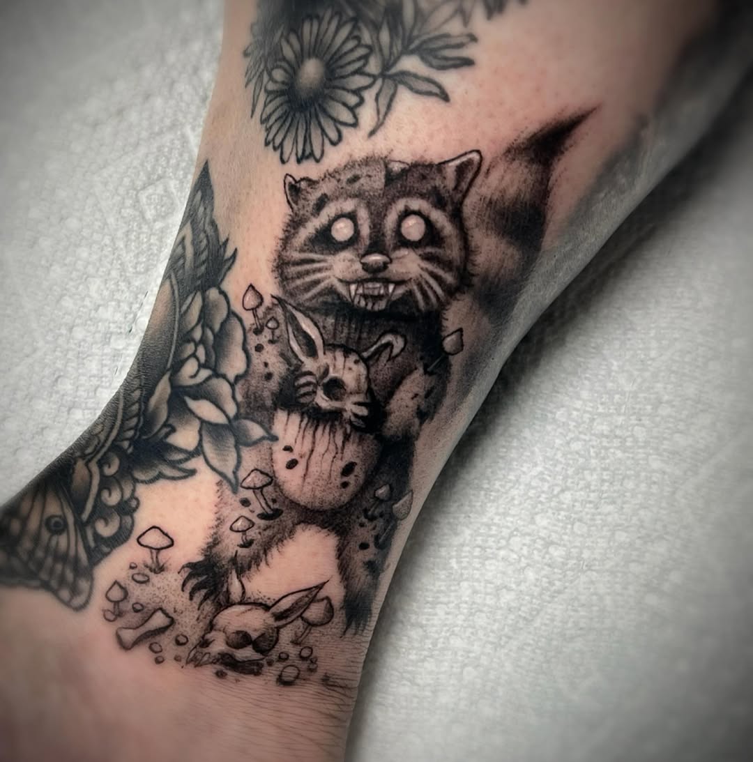 Tattoo by @leawhite_tattoos — black_and_grey, dark_realism