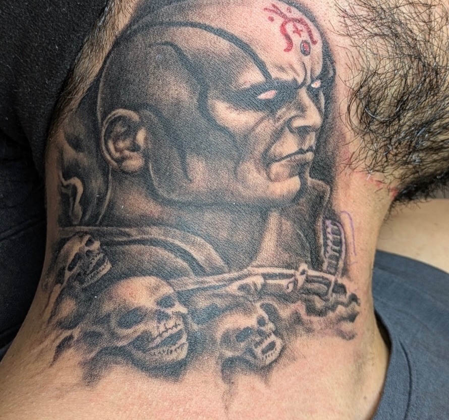 Warrior with skulls realism tattoo on the neck by Buddy K.