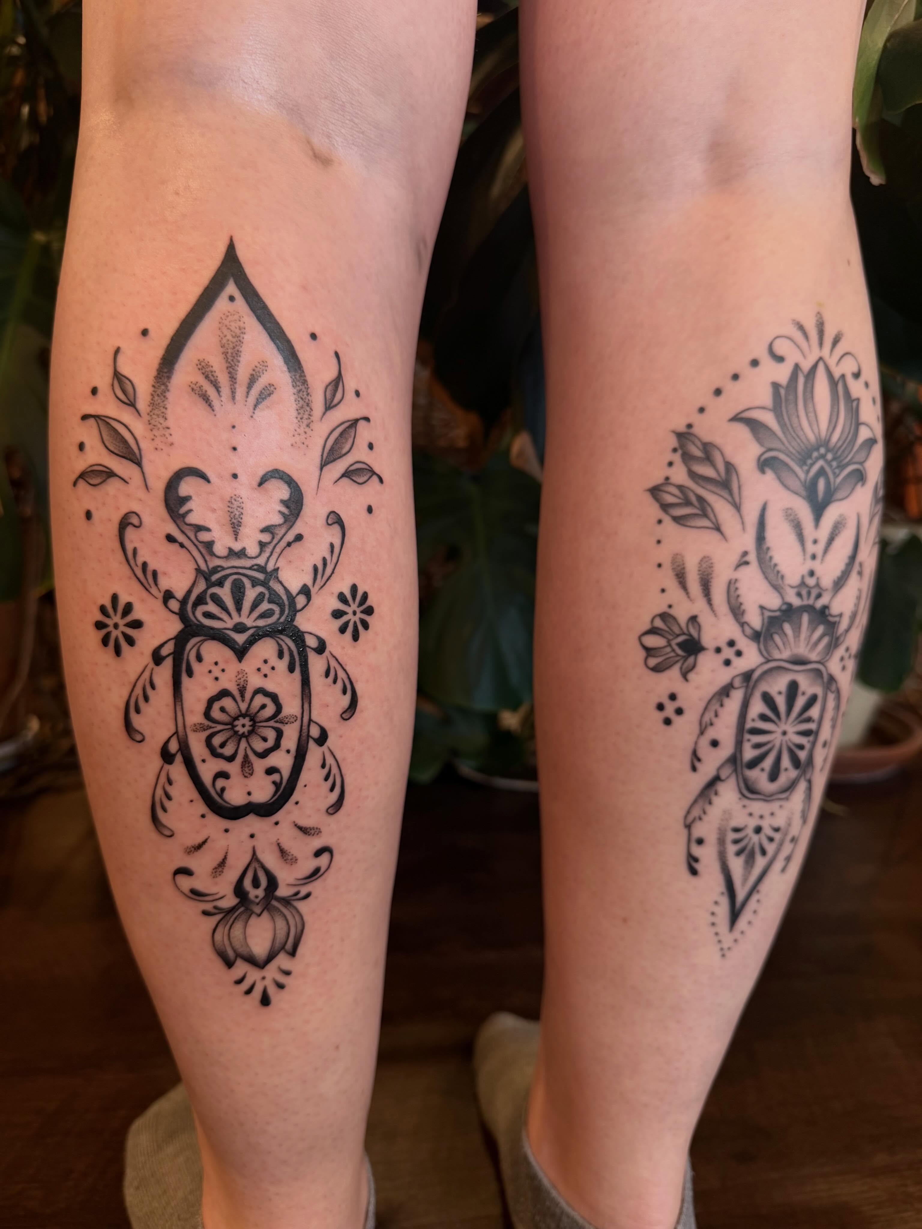 Scarab beetle dotwork tattoo on the calf by Ellie MacPherson🌱🧚🏻‍♀️🫧