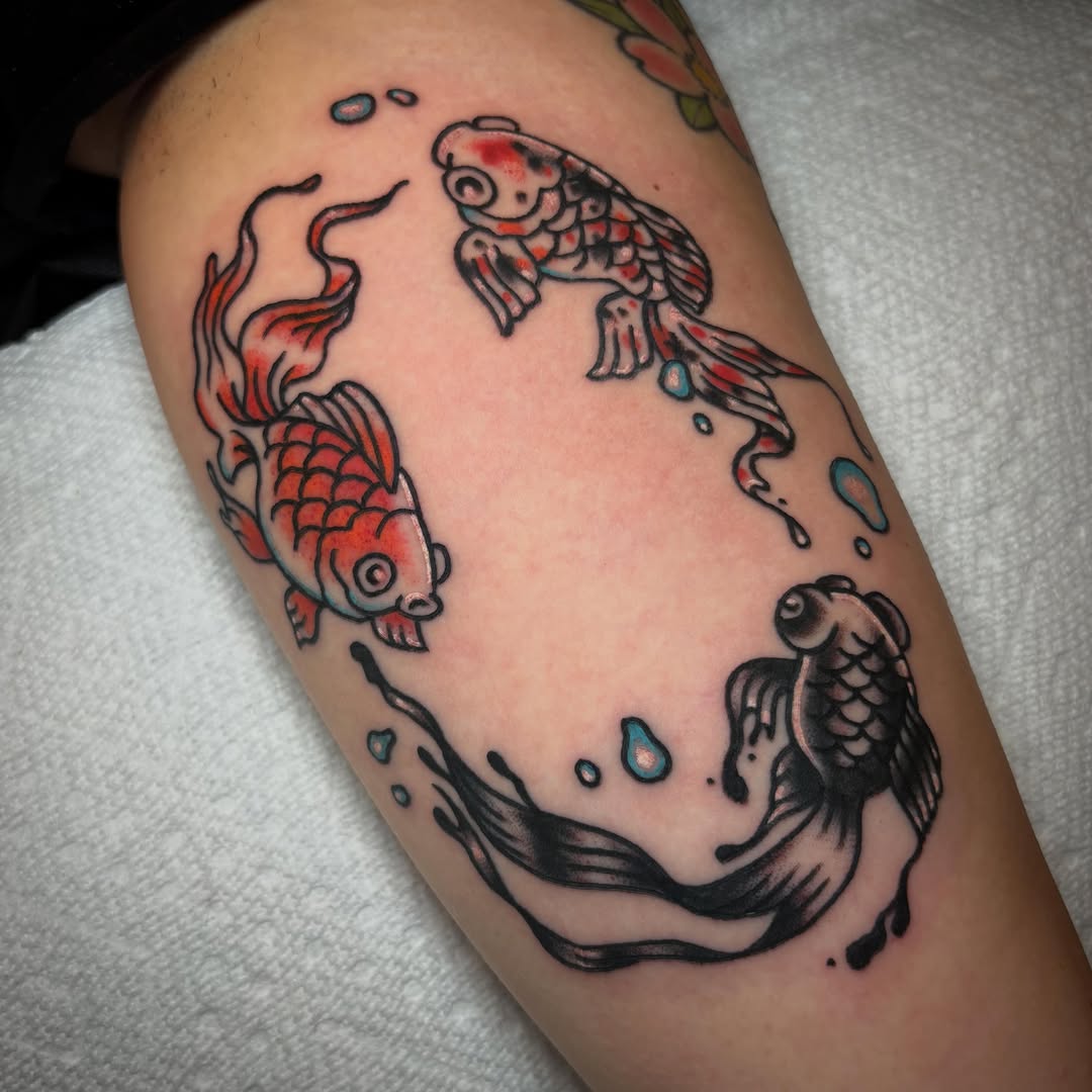 Three koi fish new school tattoo on the forearm by ππππππππ