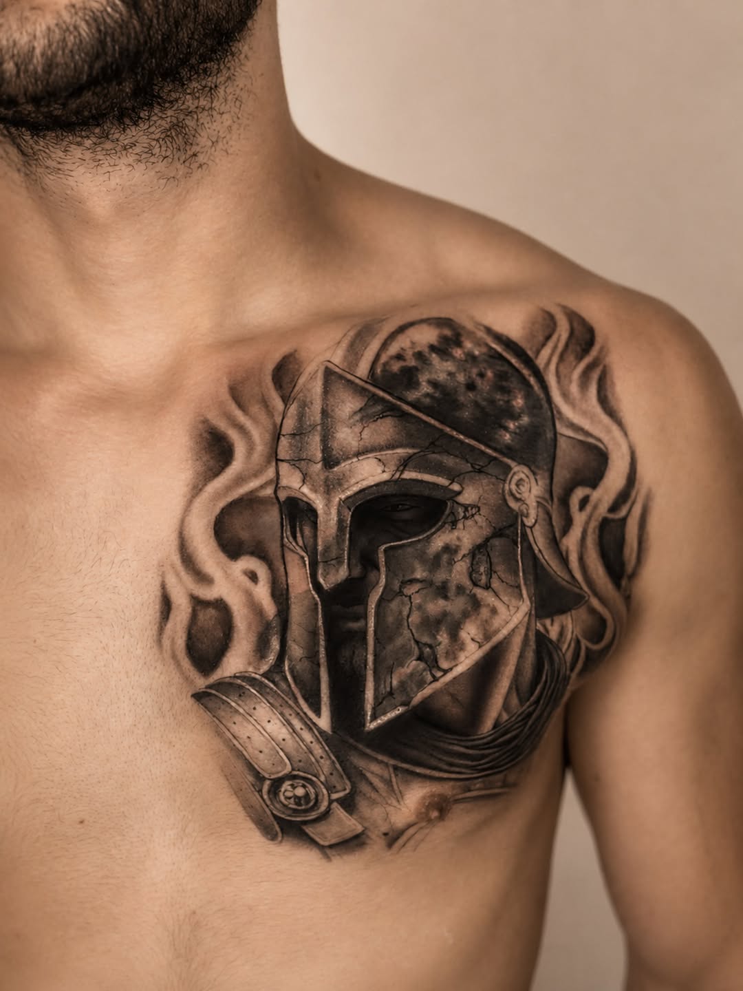 Spartan helmet with smoke realism tattoo on the chest by Tiago Britto