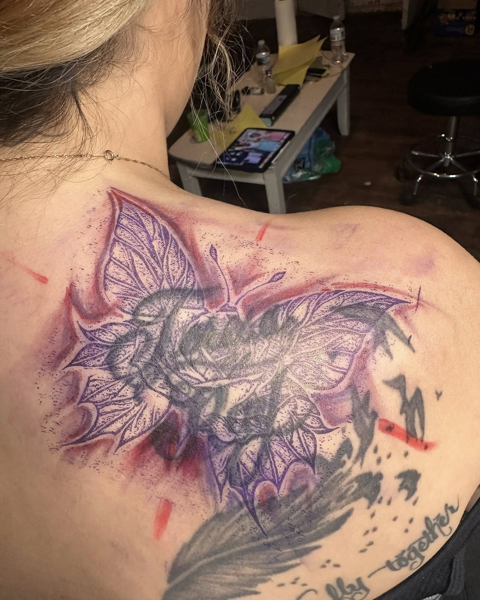 Flower dotwork tattoo on the shoulder by Don Juan Ink Therapy, Jamesburg, New Jersey
