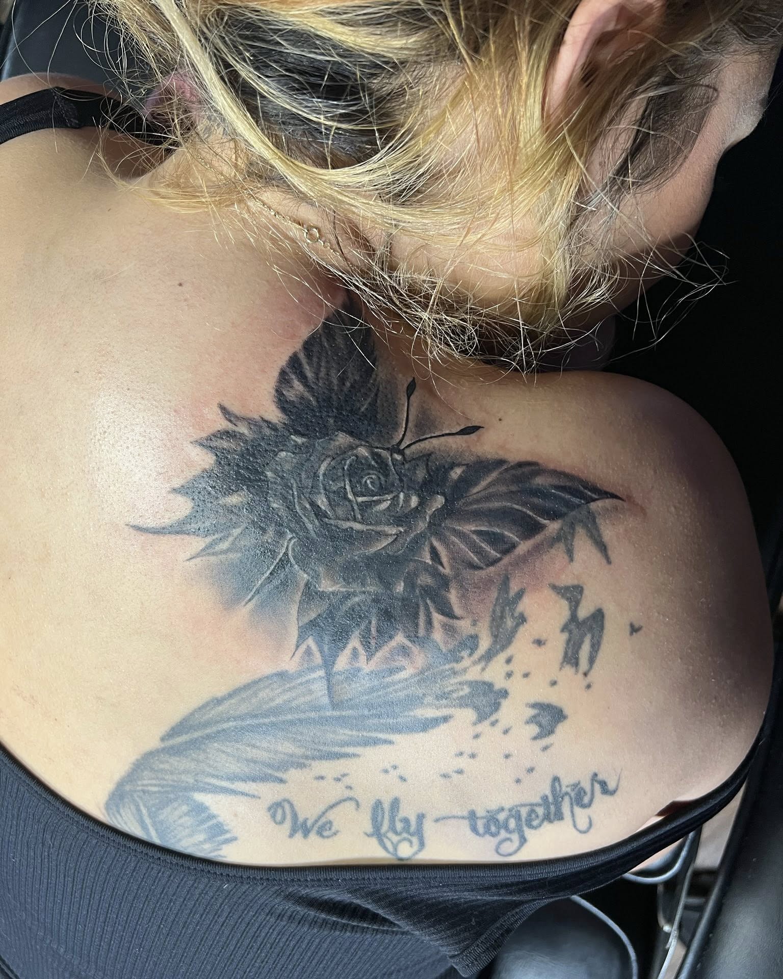 Rose and butterfly realism tattoo on the shoulder by Don Juan Ink Therapy, Jamesburg, New Jersey