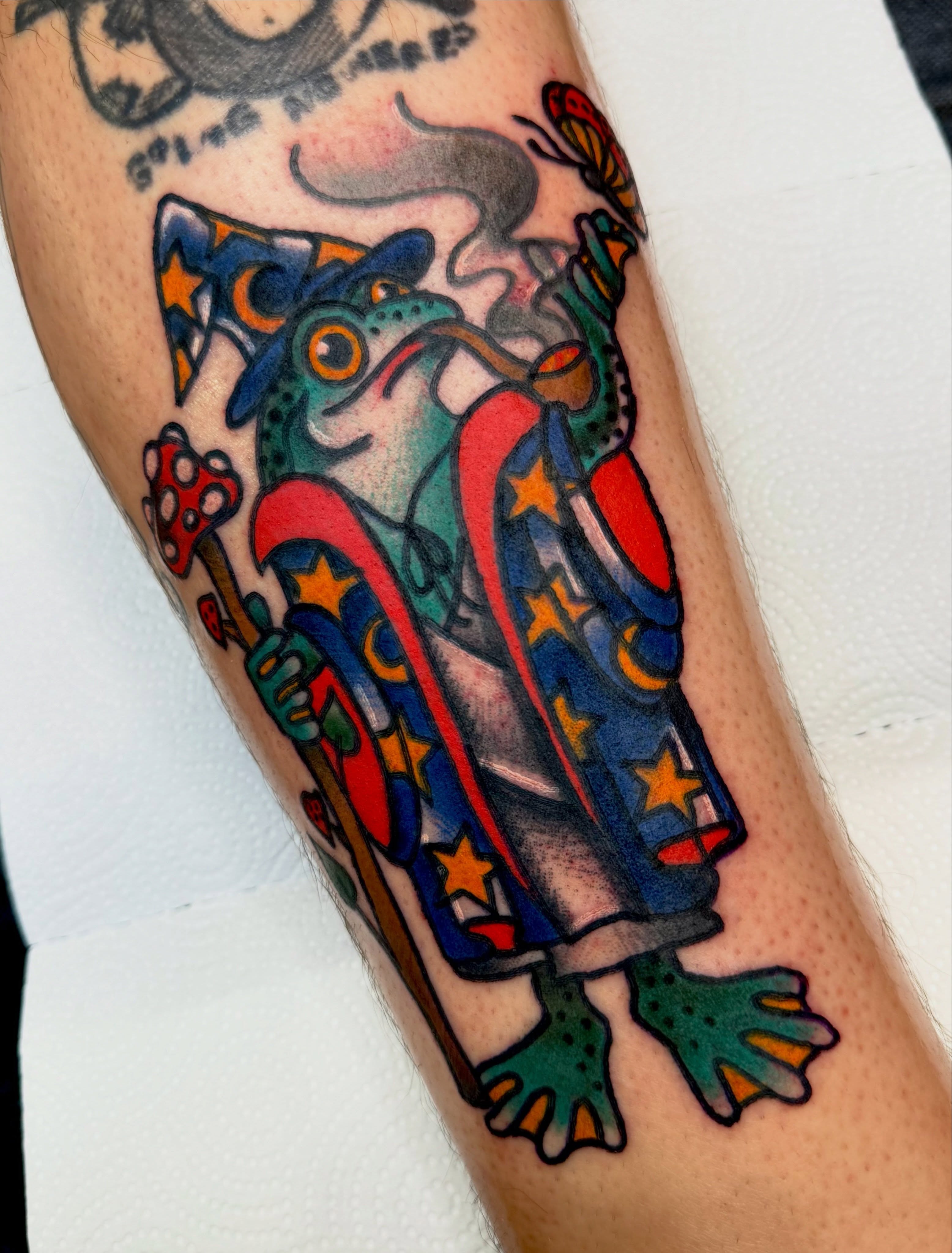 Frog smoking pipe American traditional tattoo on the forearm by 🪩 Marisa Rae Mathews 🪩, McKees Rocks, Pennsylvania