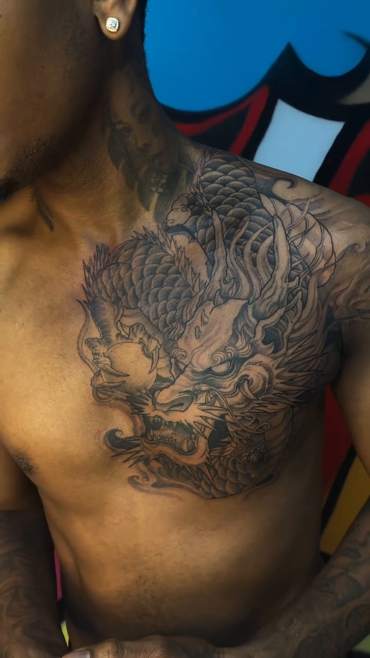 Dragon chest piece Japanese tattoo on the leg by Antonio