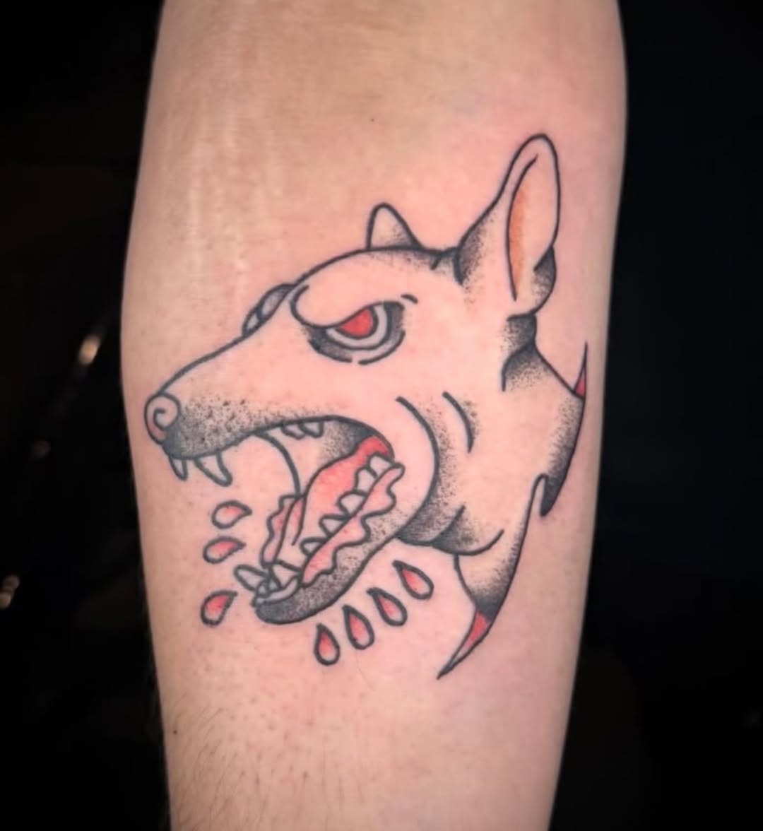 Angry dog head realism tattoo on the forearm by Tatts By Bryan B 🇲🇽 - SLC