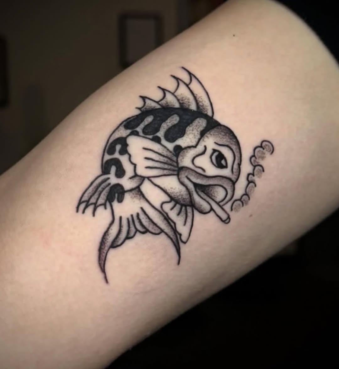 Smoking fish fine line tattoo on the forearm by Tatts By Bryan B 🇲🇽 - SLC