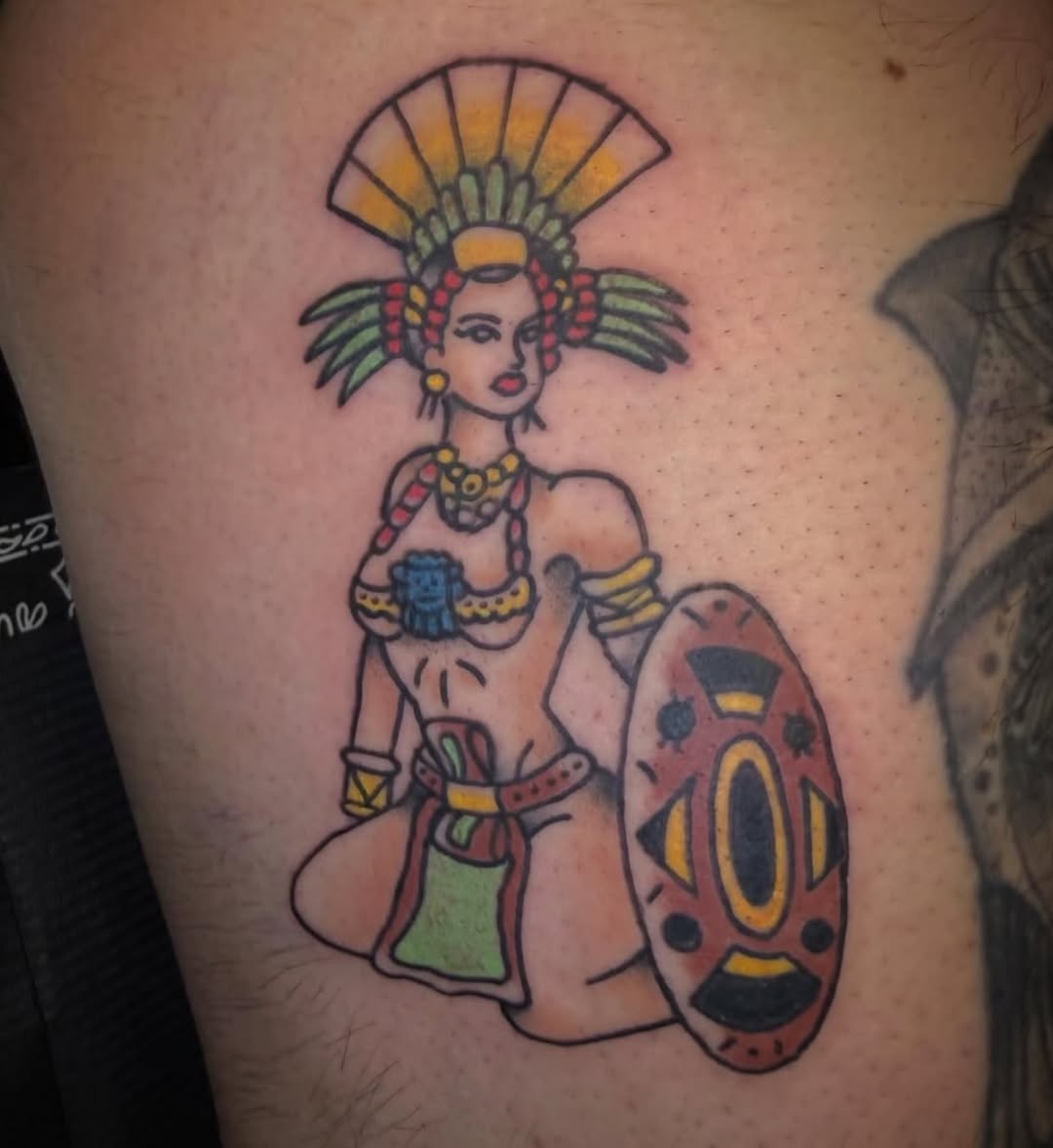 Aztec warrior woman neo-traditional tattoo on the thigh by Tatts By Bryan B 🇲🇽 - SLC